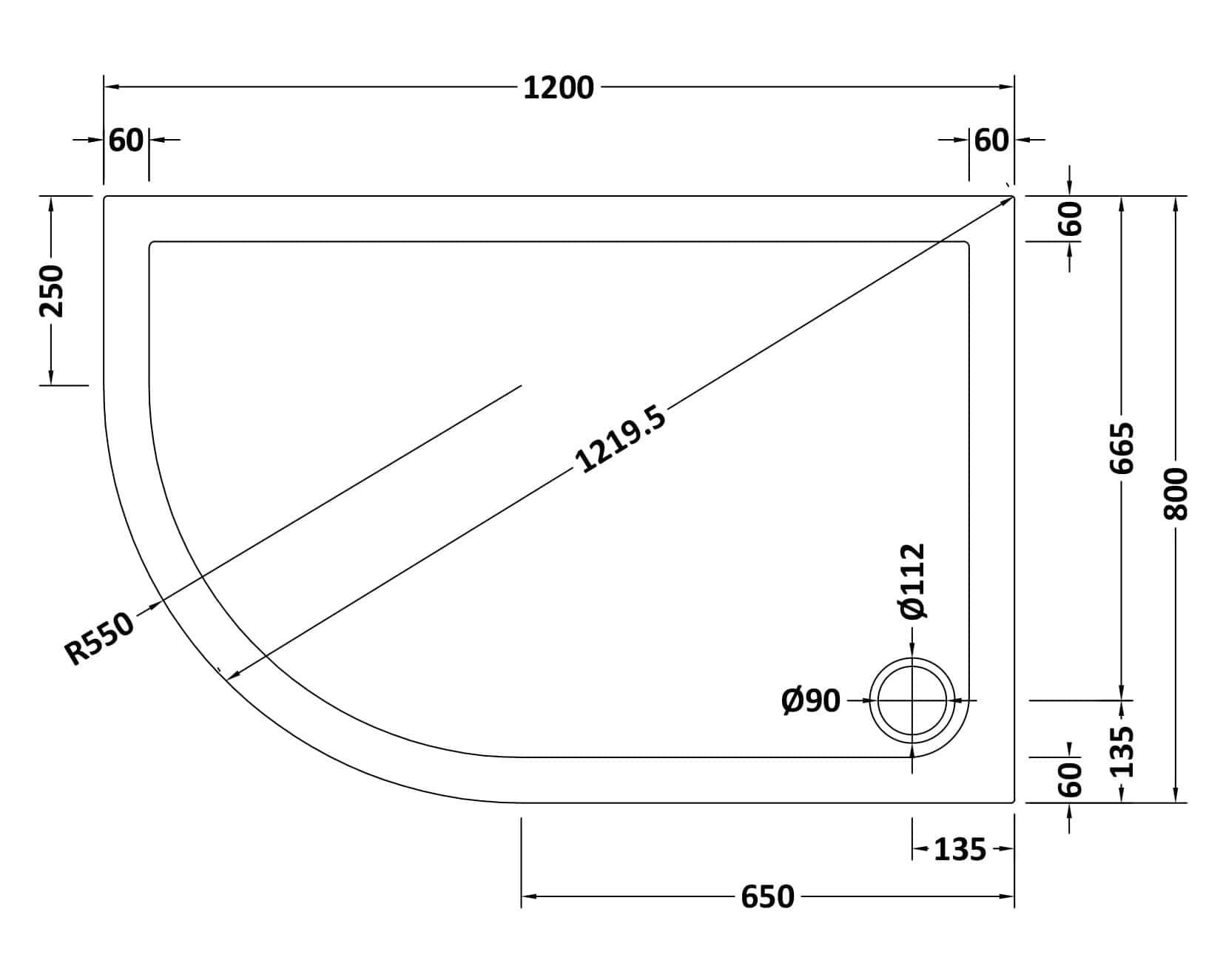 Sleek corner shower tray design with detailed measurements for modern bathroom renovations. Featuring a curved front and precise dimensions for perfect fitting in your bathroom layout.