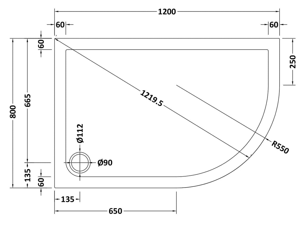 Elegant corner shower tray with detailed dimensions, perfect for modern bathroom design and efficient space utilisation. High-quality bathroom fixtures for a stylish, functional shower area.
