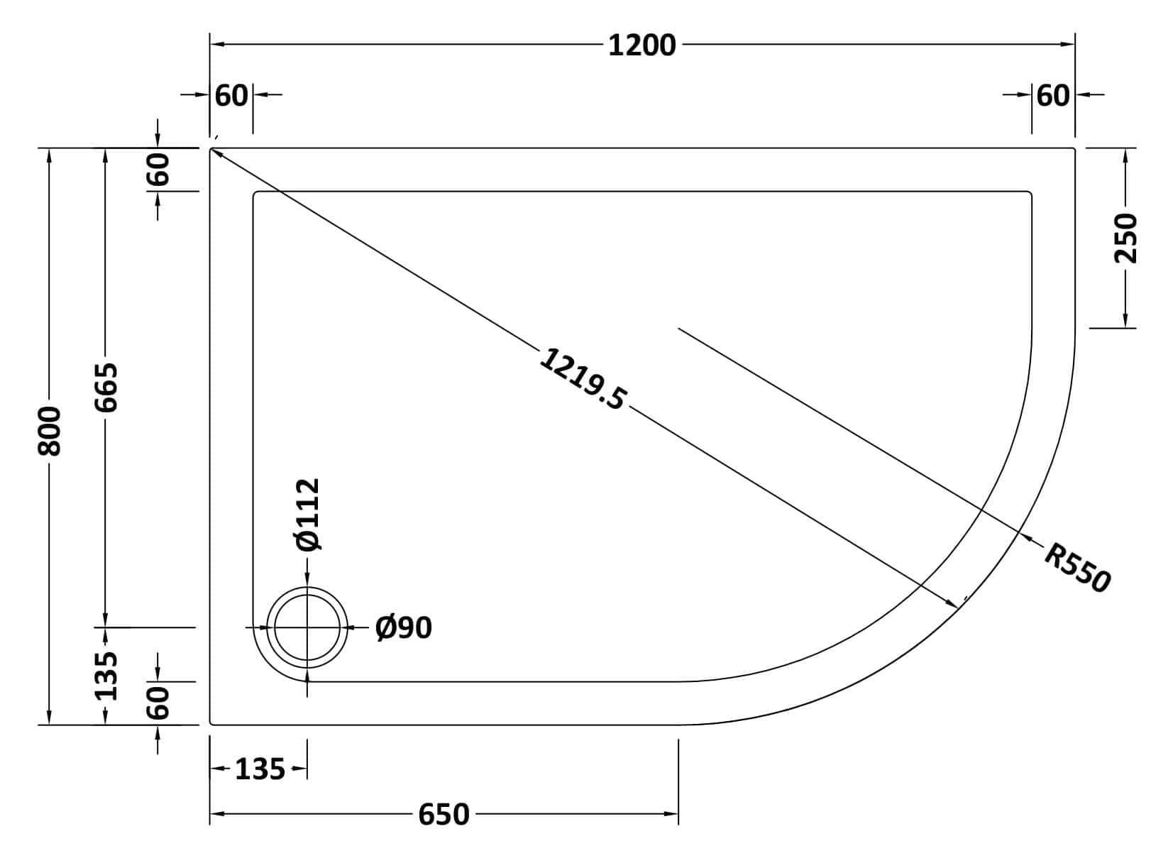 Elegant corner shower tray with detailed dimensions, perfect for modern bathroom design and efficient space utilisation. High-quality bathroom fixtures for a stylish, functional shower area.