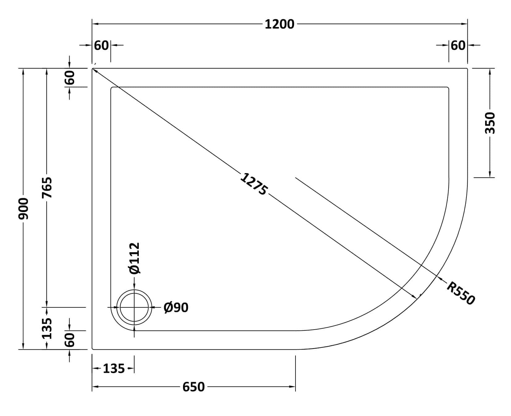 Image of a detailed technical drawing of a corner shower tray with precise measurements and rounded edges, showcasing modern bathroom design elements.