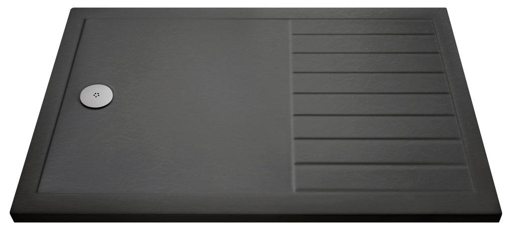 Modern black shower tray with integrated drain and textured surface, ideal for contemporary bathrooms. Durable, easy to clean, and provides a sleek aesthetic for stylish bathroom renovations.