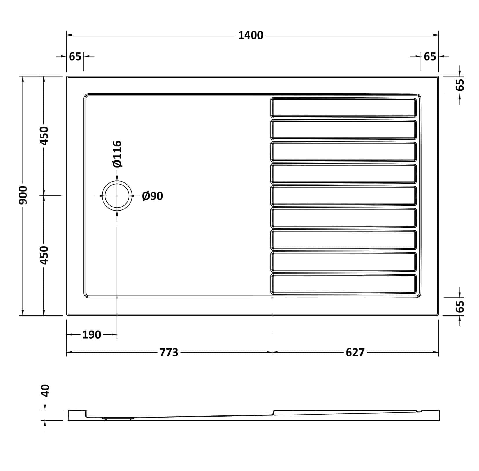 Sleek modern kitchen sink with integrated drainage area, measuring 1400mm wide and 900mm deep, featuring a 90mm diameter drain hole and multiple drainage slots for efficient water flow.
