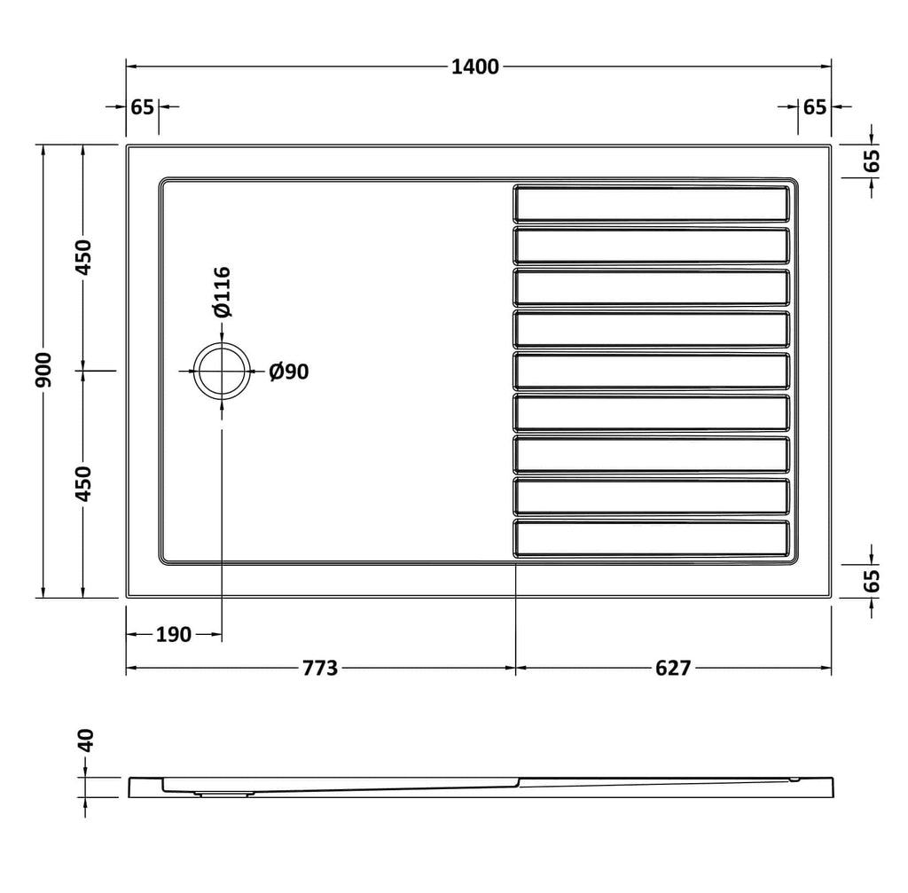 Sleek modern kitchen sink with integrated drainage area, measuring 1400mm wide and 900mm deep, featuring a 90mm diameter drain hole and multiple drainage slots for efficient water flow.