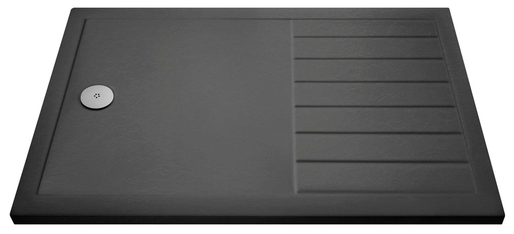 Black rectangular outdoor shower tray with a textured surface and integrated drain, ideal for modern bath or shower area installations.