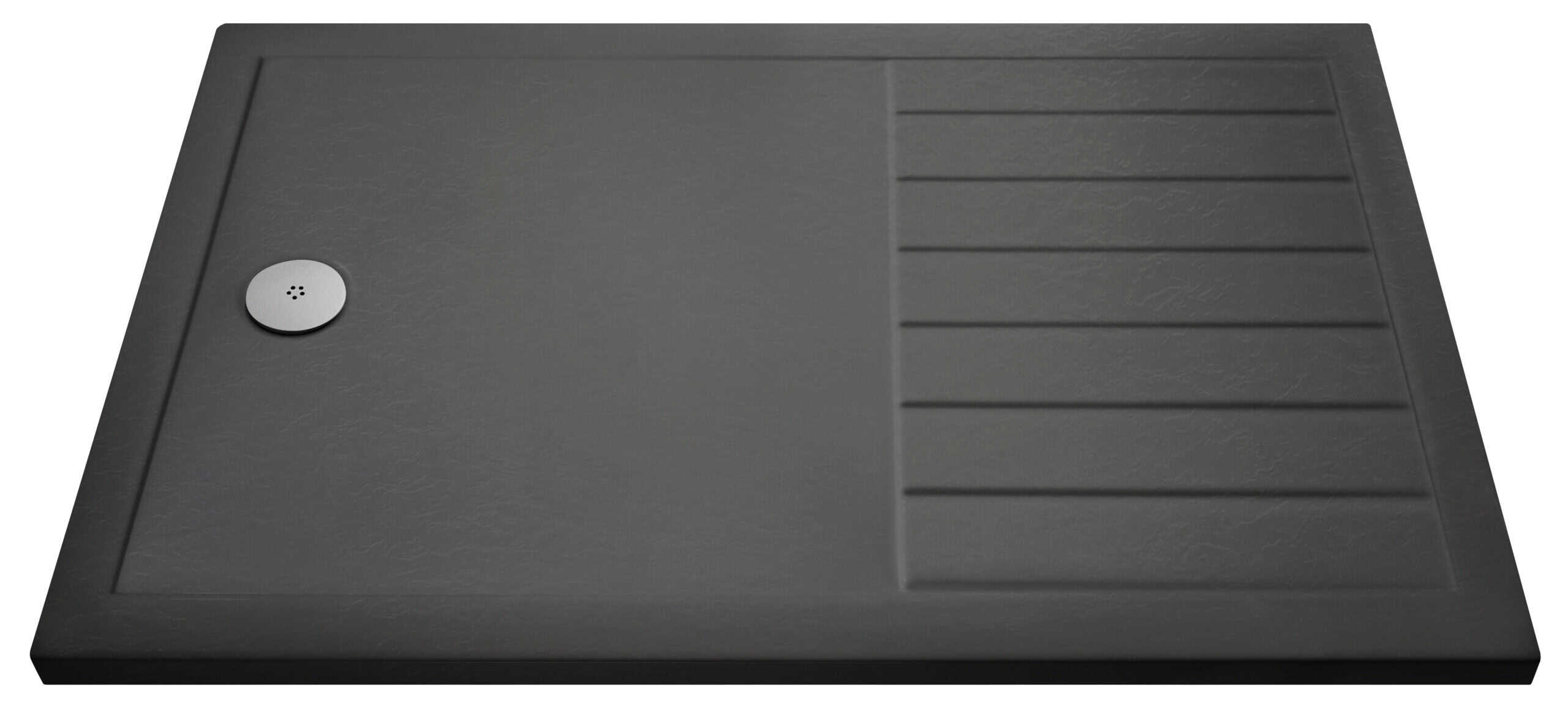 Black rectangular outdoor shower tray with a textured surface and integrated drain, ideal for modern bath or shower area installations.