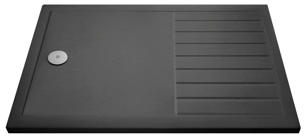 Dark grey modern bathroom shower tray with a black circular drain cover for sleek bathroom design.