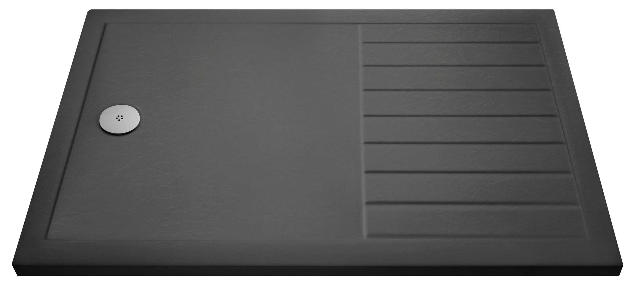 Dark grey modern bathroom shower tray with a black circular drain cover for sleek bathroom design.