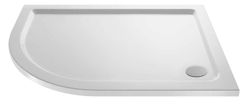 Sleek white corner shower tray with a smooth surface and durable build, ideal for modern bathroom installations and space-saving shower enclosures.