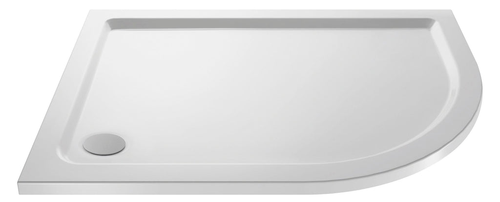 Contemporary white shower tray with a sleek rectangular design and integrated drainage for modern bathrooms.