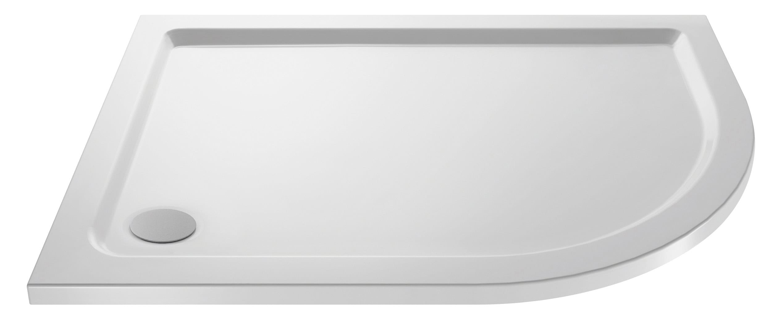 Contemporary white shower tray with a sleek rectangular design and integrated drainage for modern bathrooms.