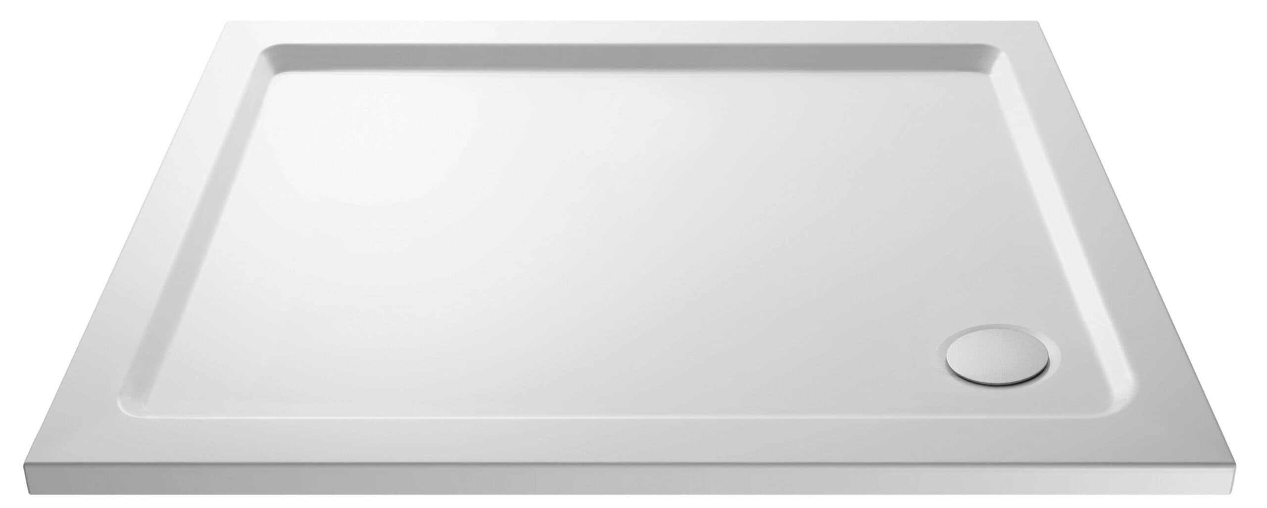 White rectangular bathroom shower tray with smooth surface and round drain cover, ideal for modern shower installations in contemporary bathrooms.