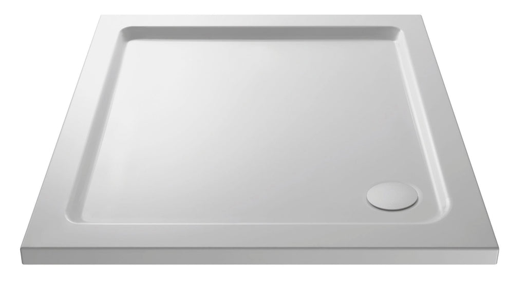 Sleek white bathroom shower tray with modern square design and anti-slip surface, ideal for contemporary bathroom renovations and fitting seamlessly with various shower enclosures.