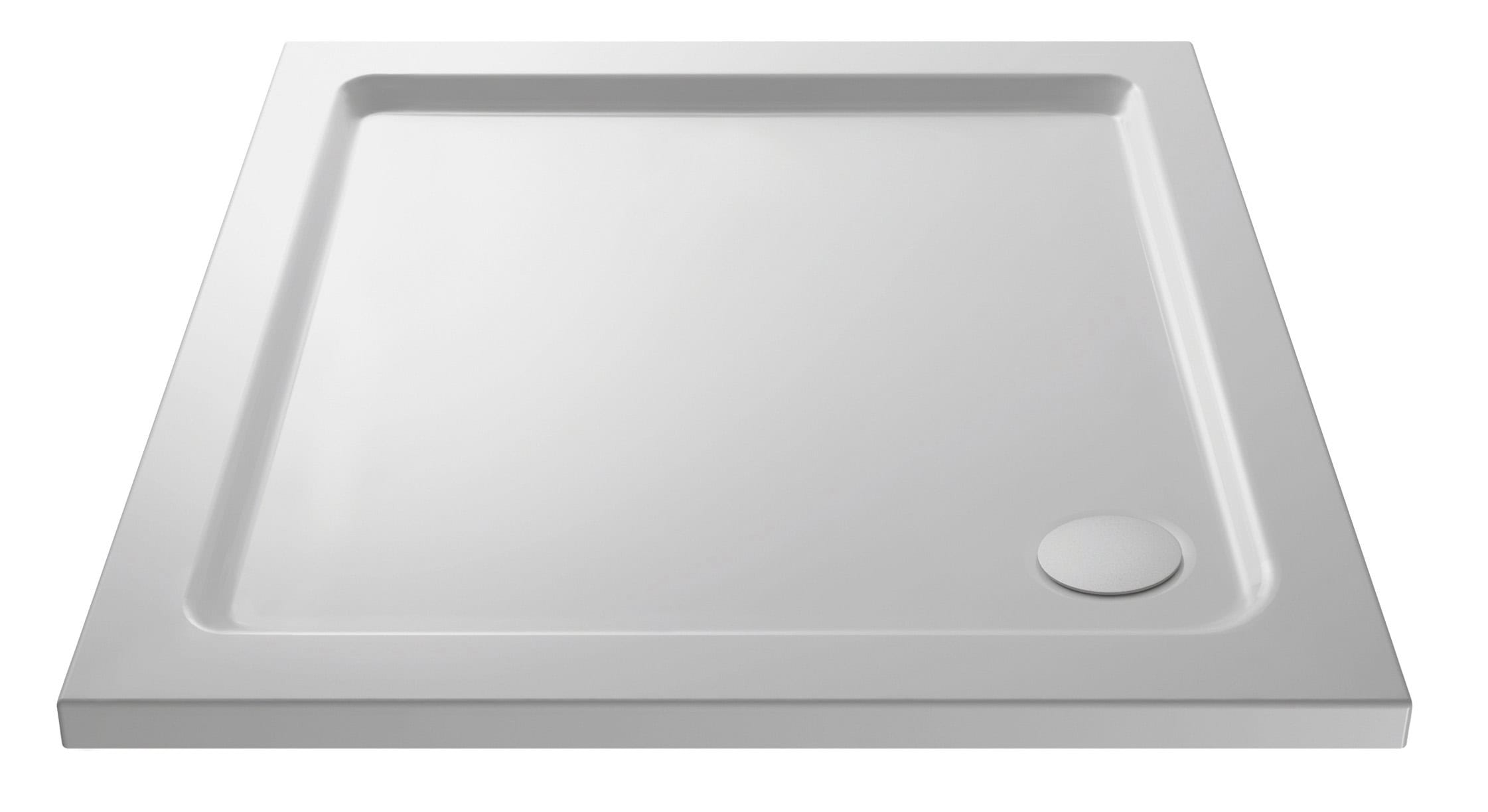 Sleek white bathroom shower tray with modern square design and anti-slip surface, ideal for contemporary bathroom renovations and fitting seamlessly with various shower enclosures.