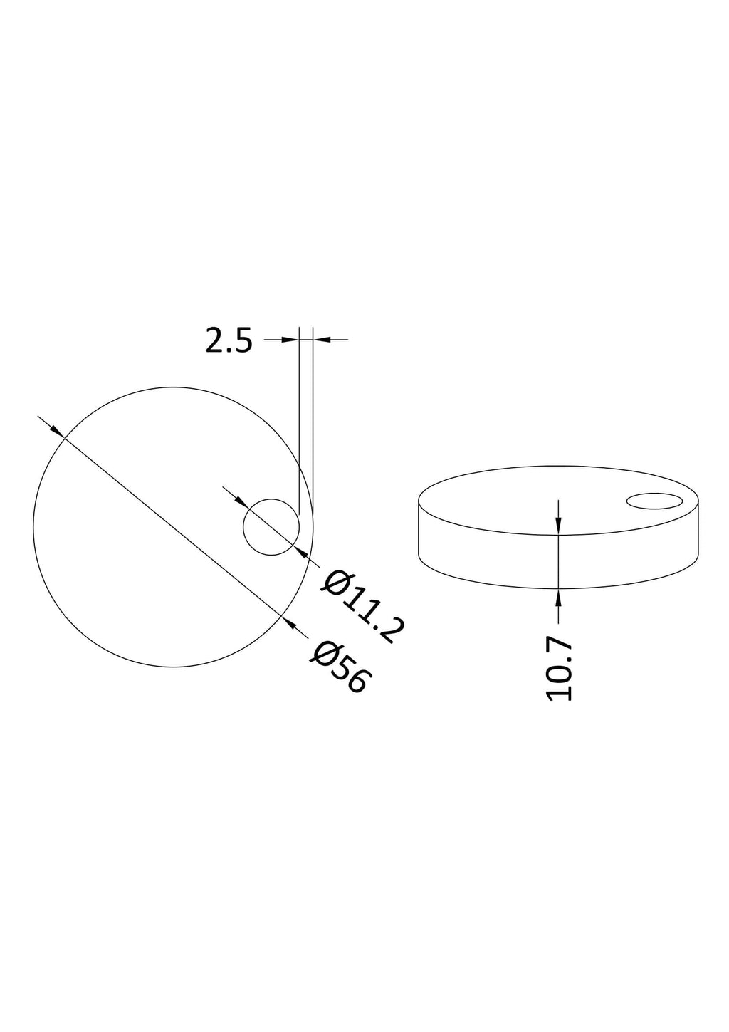 Small round bathroom escutcheon plate with technical measurements for plumbing fixtures, featuring a 56mm diameter and 11.2mm inner hole, ideal for bathroom fittings.