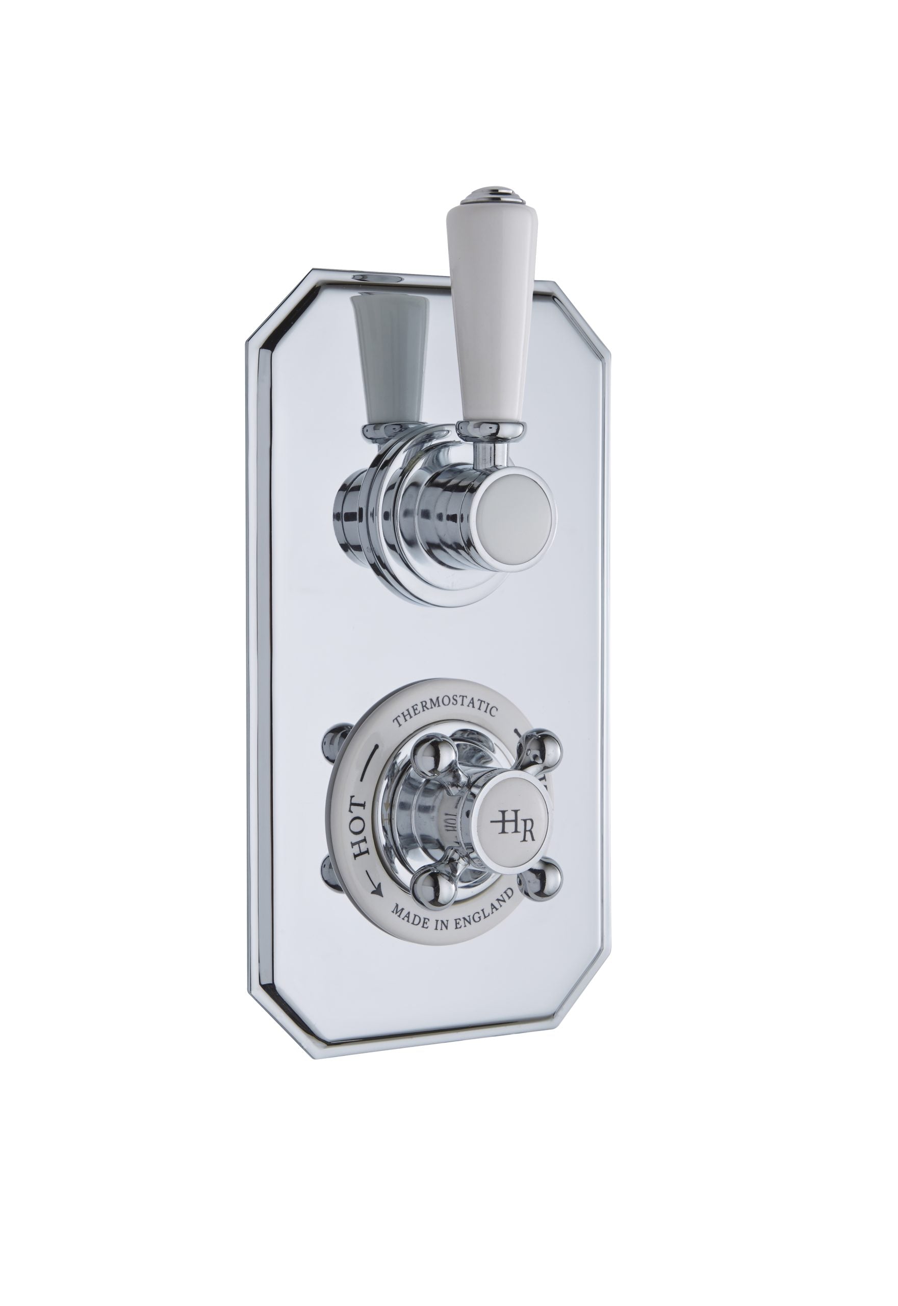 Polished chrome bathroom tap with white ceramic handles, vintage style, part of Bubly Bathrooms' high-quality fixtures.