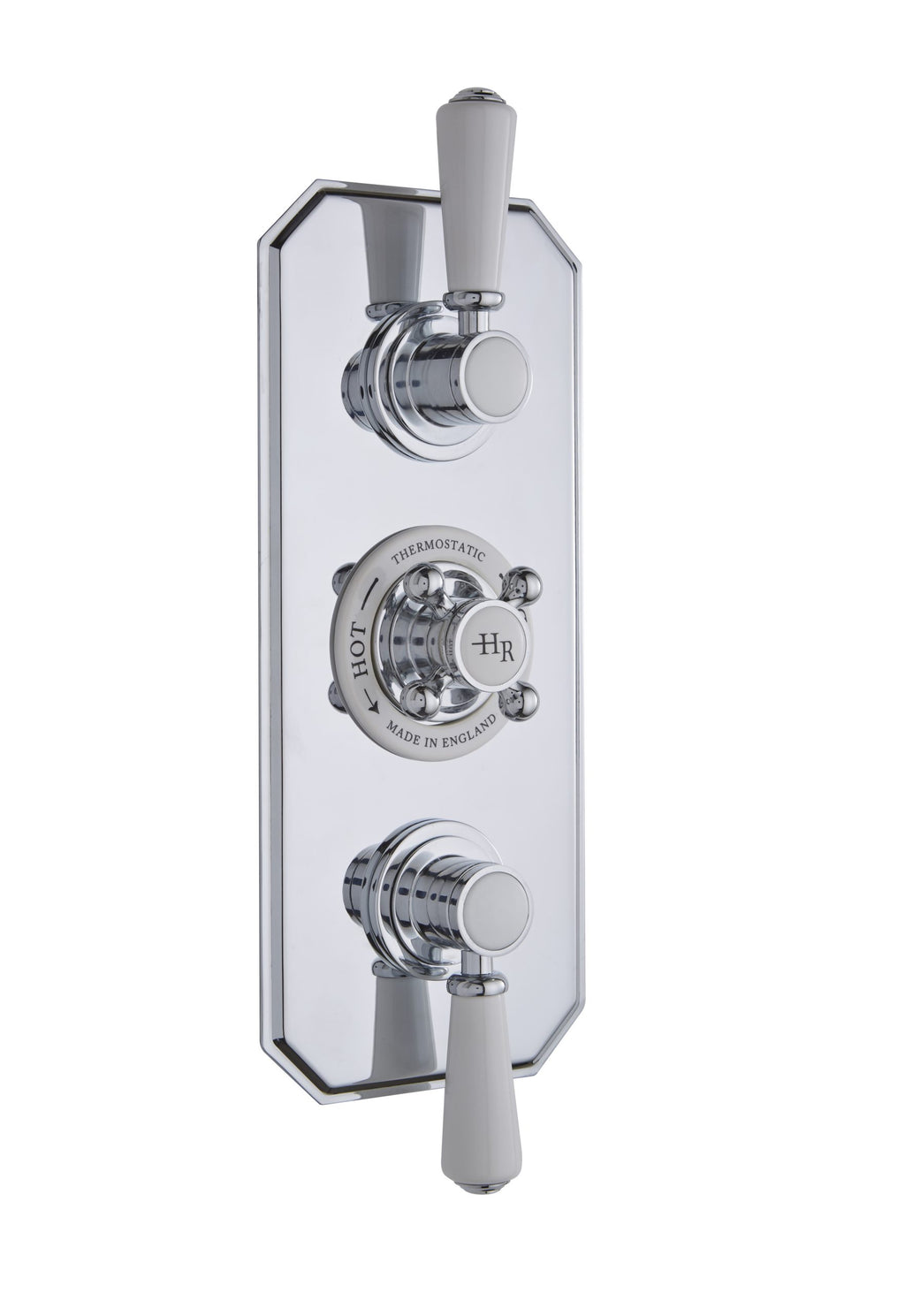 Polished chrome bathroom shower valve with white handles, thermostatic control, and classic design, ideal for modern bathroom renovation and installation.