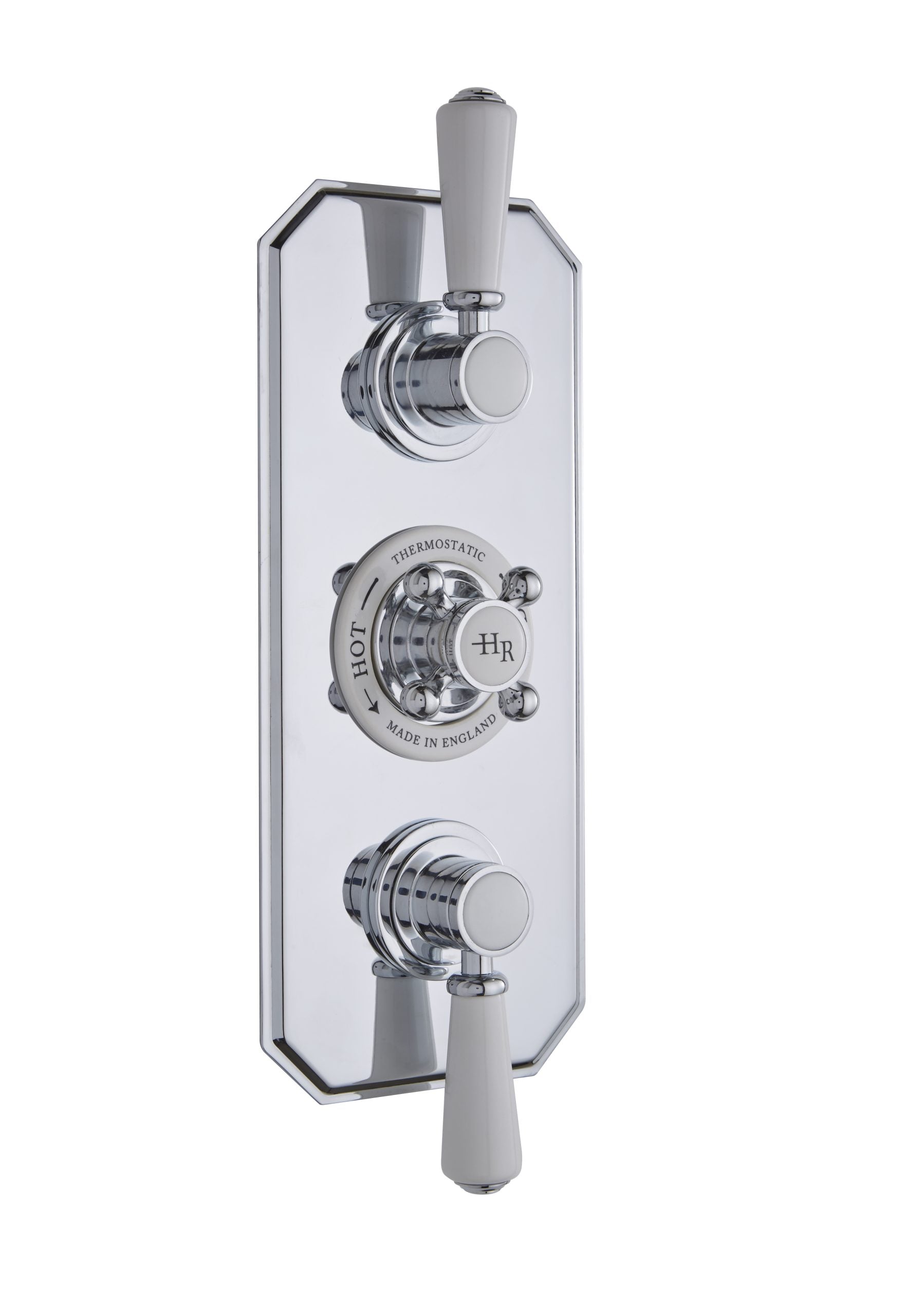 Polished chrome bathroom shower valve with white handles, thermostatic control, and classic design, ideal for modern bathroom renovation and installation.