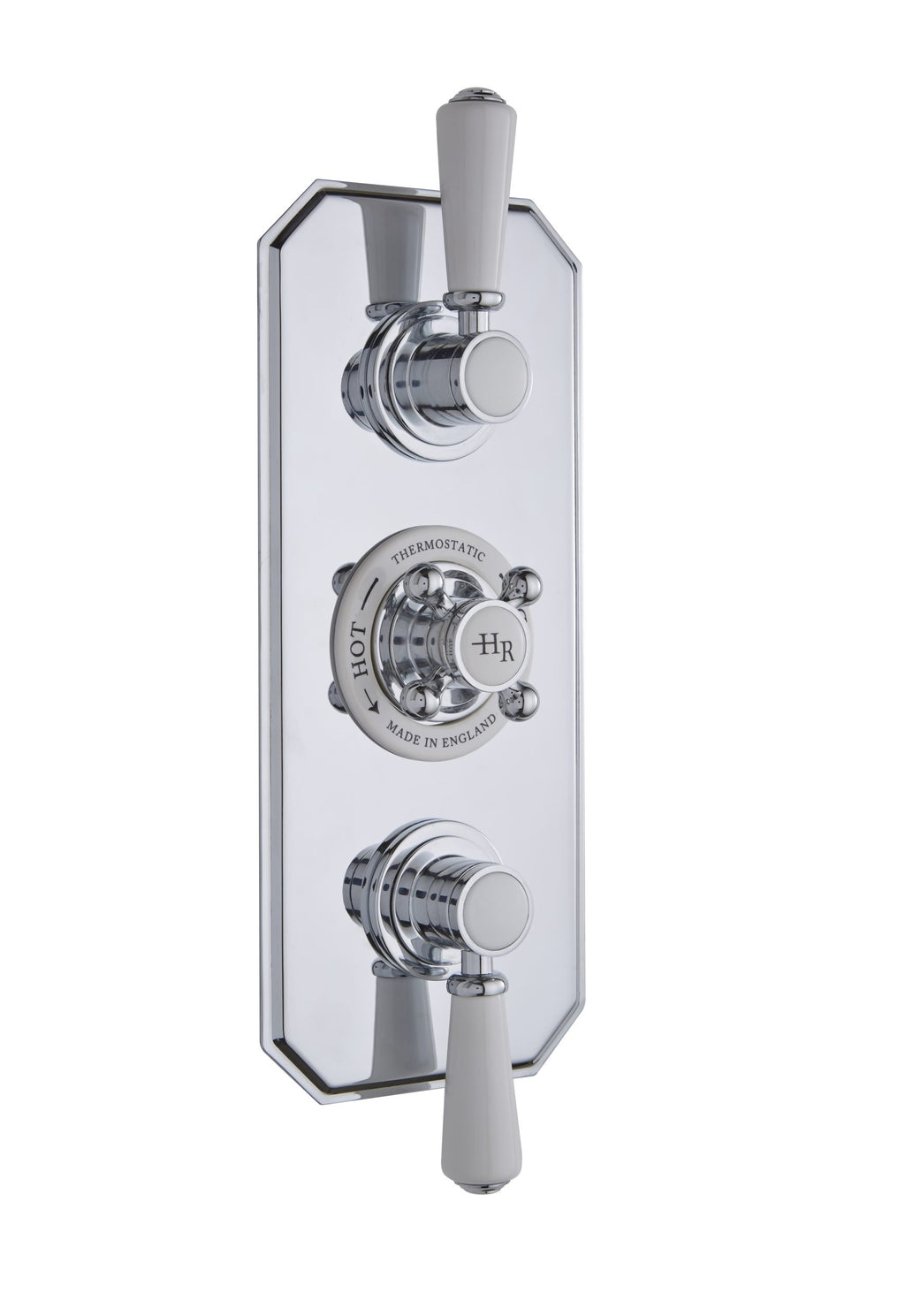 Polished chrome dual-handle shower valve with thermostatic control, designed for modern bathrooms.