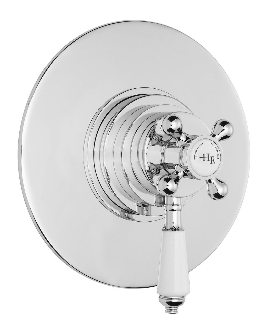 Polished chrome thermostatic shower control with traditional cross handle and round plate, perfect for luxurious bathroom upgrades.