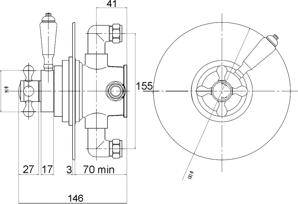 Highly detailed technical drawing of a bathroom tap fitting with precise measurements, ideal for bathroom installation projects. Suitable for plumbing, bathroom design, and renovation purposes.
