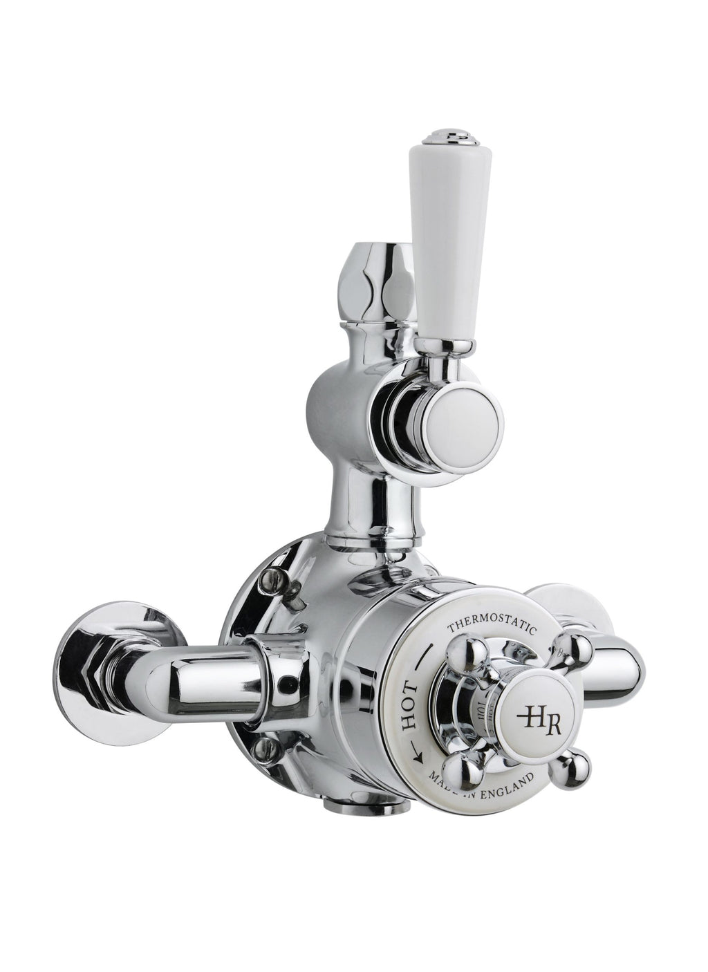 Smooth chrome bathroom tap with white ceramic handle, thermostatic control, designed for hot and cold water, ideal for modern bathroom fittings and renovations.
