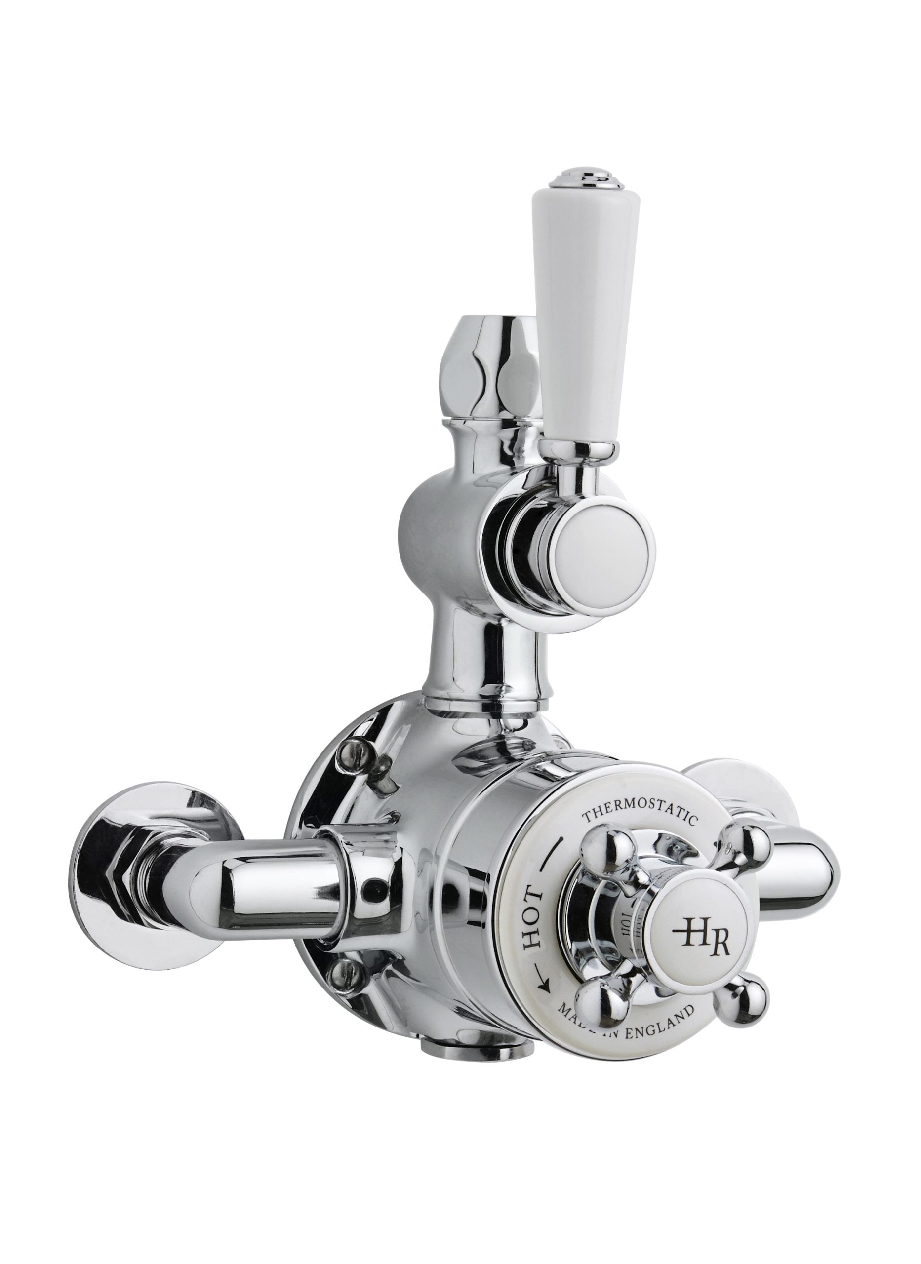 Smooth chrome bathroom tap with white ceramic handle, thermostatic control, designed for hot and cold water, ideal for modern bathroom fittings and renovations.