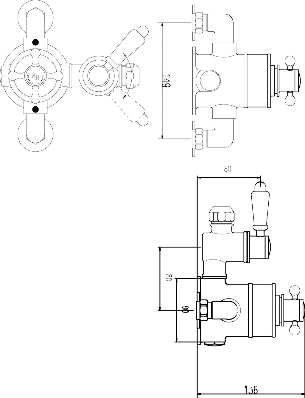 Shower valve technical drawing with detailed measurements for bathroom plumbing installation.
