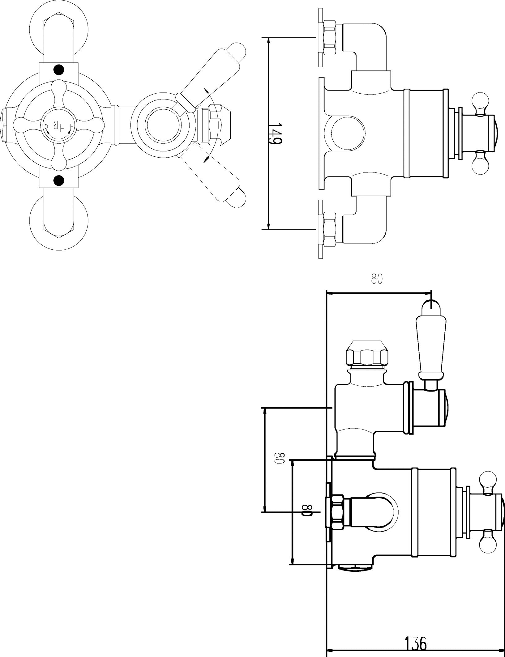 Shower valve technical drawing with detailed measurements for bathroom plumbing installation.