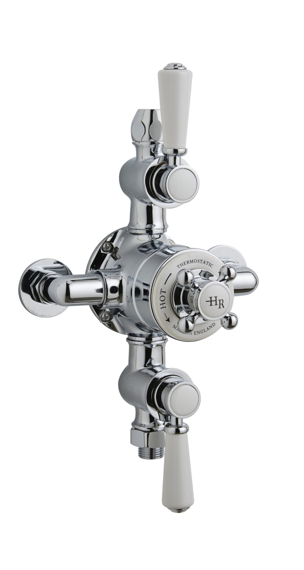 Chrome bathroom tap with white ceramic handles, traditional design, suitable for vintage or classic bathroom decor. Ideal for hot and cold water control with thermostatic features for precise temperature regulation.