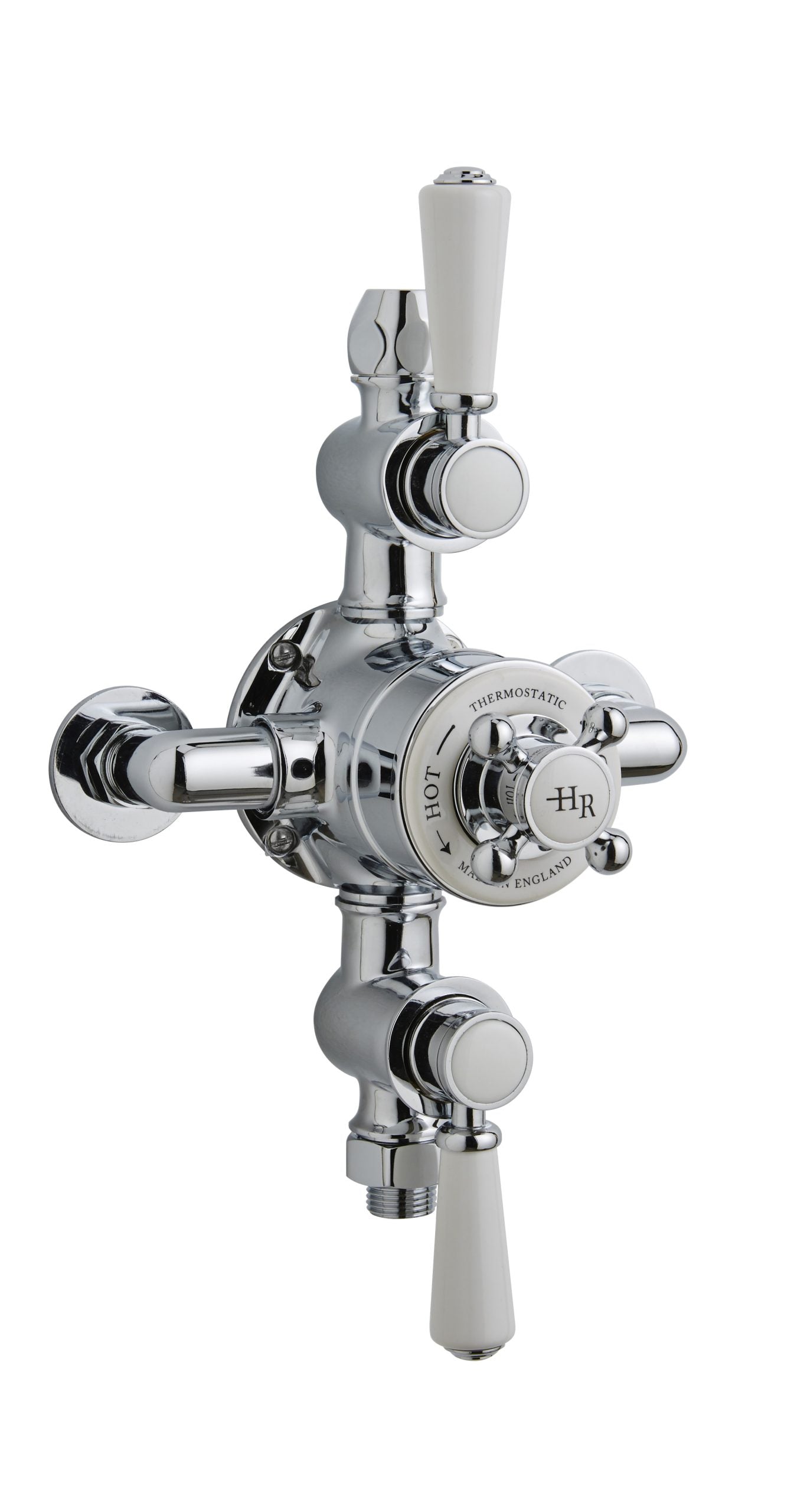 Chrome bathroom tap with white ceramic handles, traditional design, suitable for vintage or classic bathroom decor. Ideal for hot and cold water control with thermostatic features for precise temperature regulation.