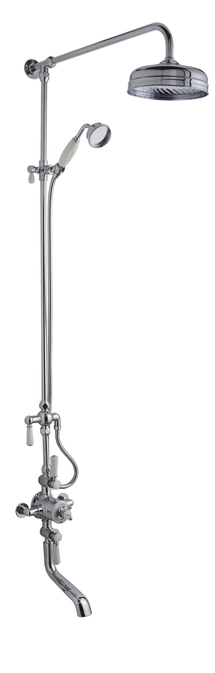 Chrome shower head with adjustable handheld shower and vintage-style fixtures for a classic bathroom look.