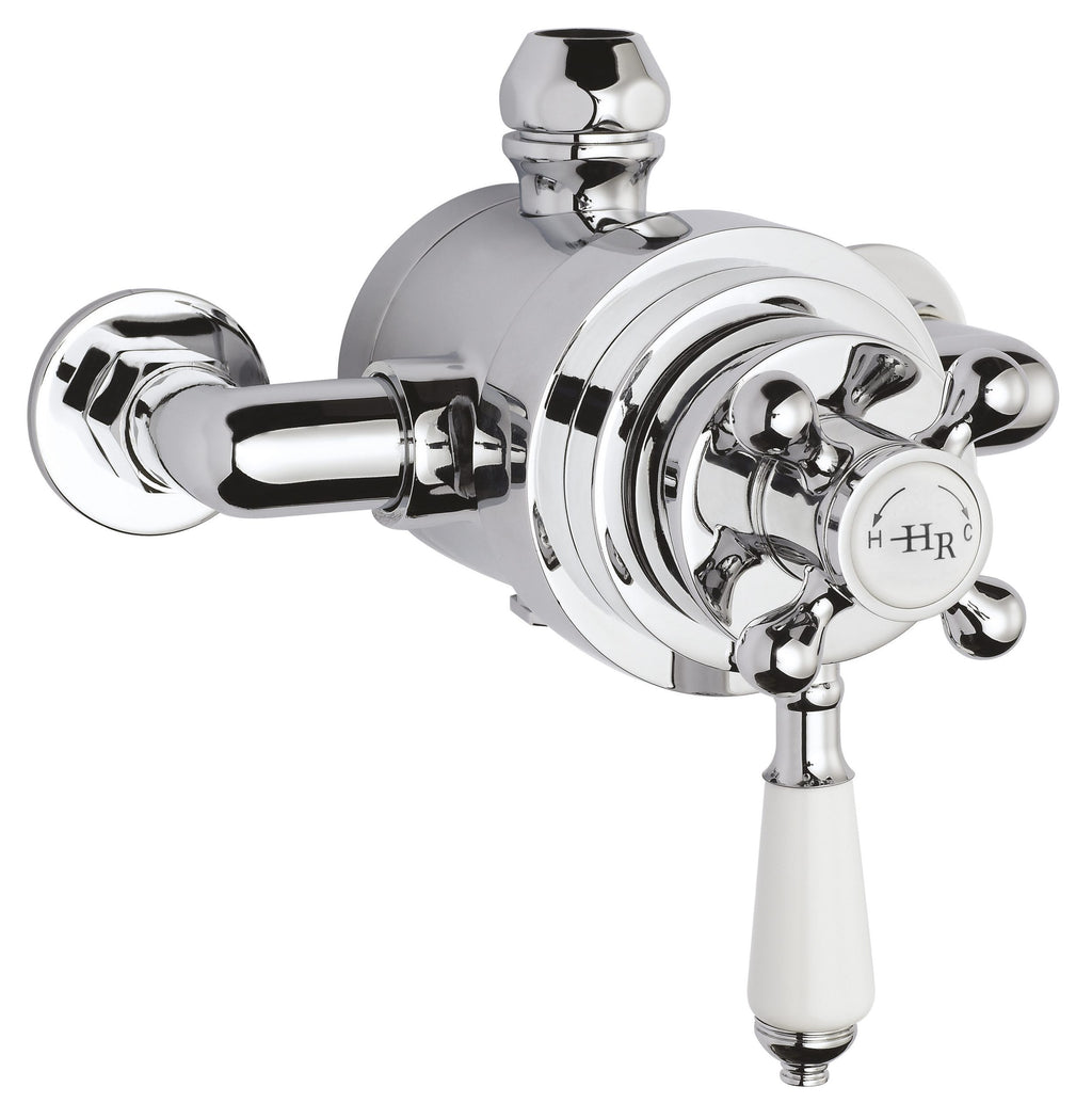 Chromed bathroom tap with vintage design, wall-mounted for hot and cold water control, ideal for classic bathroom upgrades and high-quality plumbing fixtures.