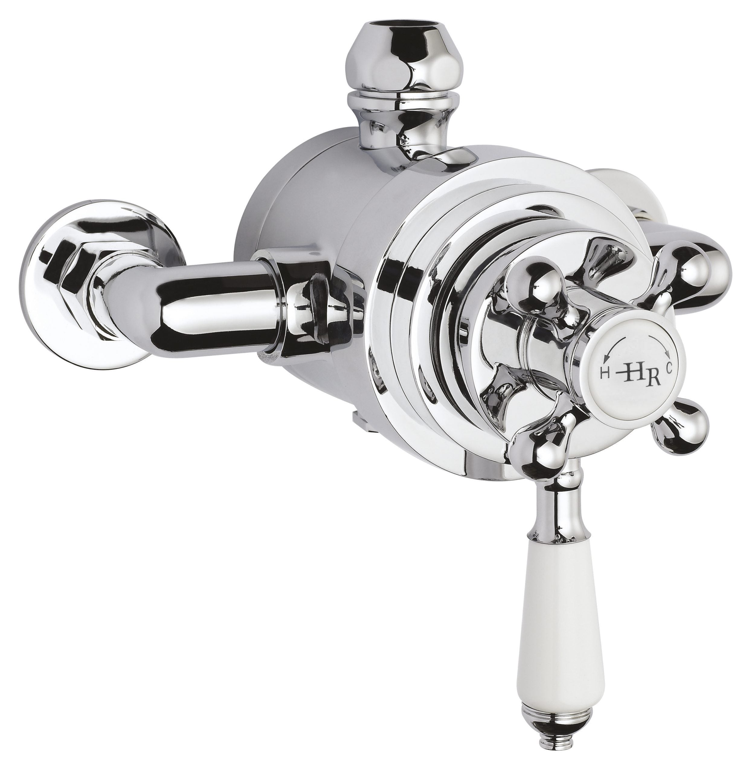 Chromed bathroom tap with vintage design, wall-mounted for hot and cold water control, ideal for classic bathroom upgrades and high-quality plumbing fixtures.