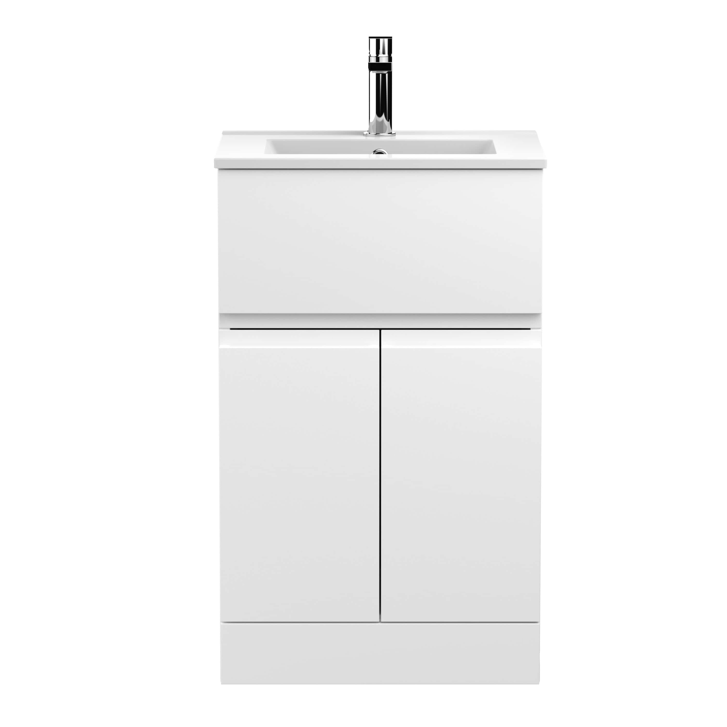Sleek modern bathroom vanity with integrated sink and chrome faucet, perfect for contemporary bathrooms. Featuring minimalist design, ample storage, and durable white finish.
