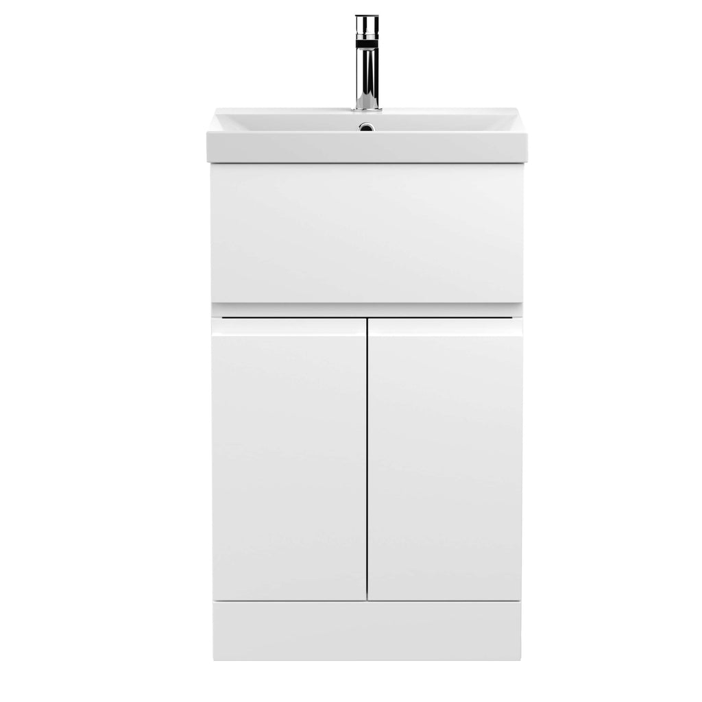 Modern white bathroom basin with cabinet storage, sleek and minimalistic design, ideal for contemporary bathrooms. Perfect for stylish bathroom decor and organisation.