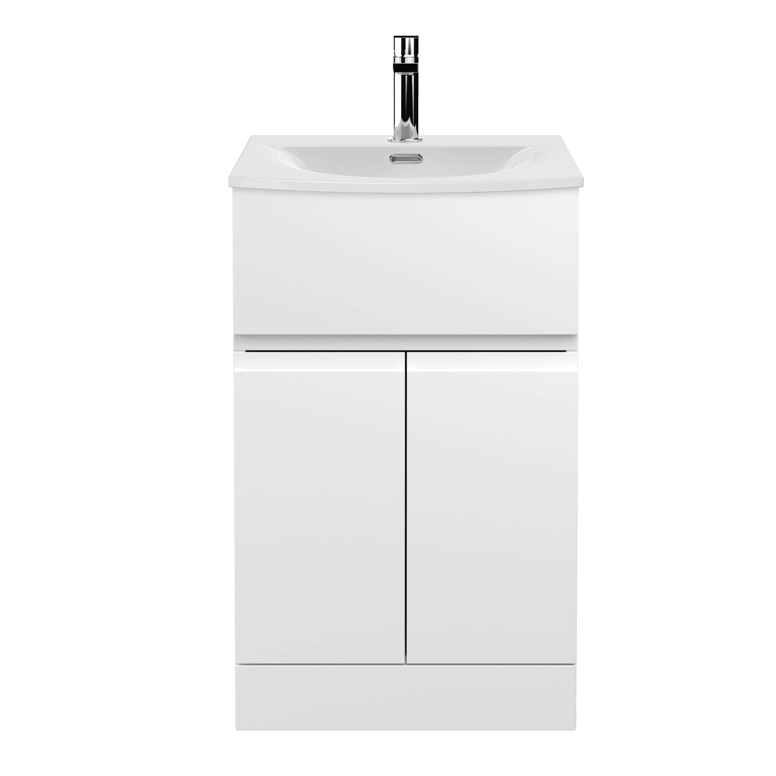 Sleek white bathroom vanity unit with integrated sink and modern chrome tap, ideal for contemporary home bathrooms and ensuite spaces.