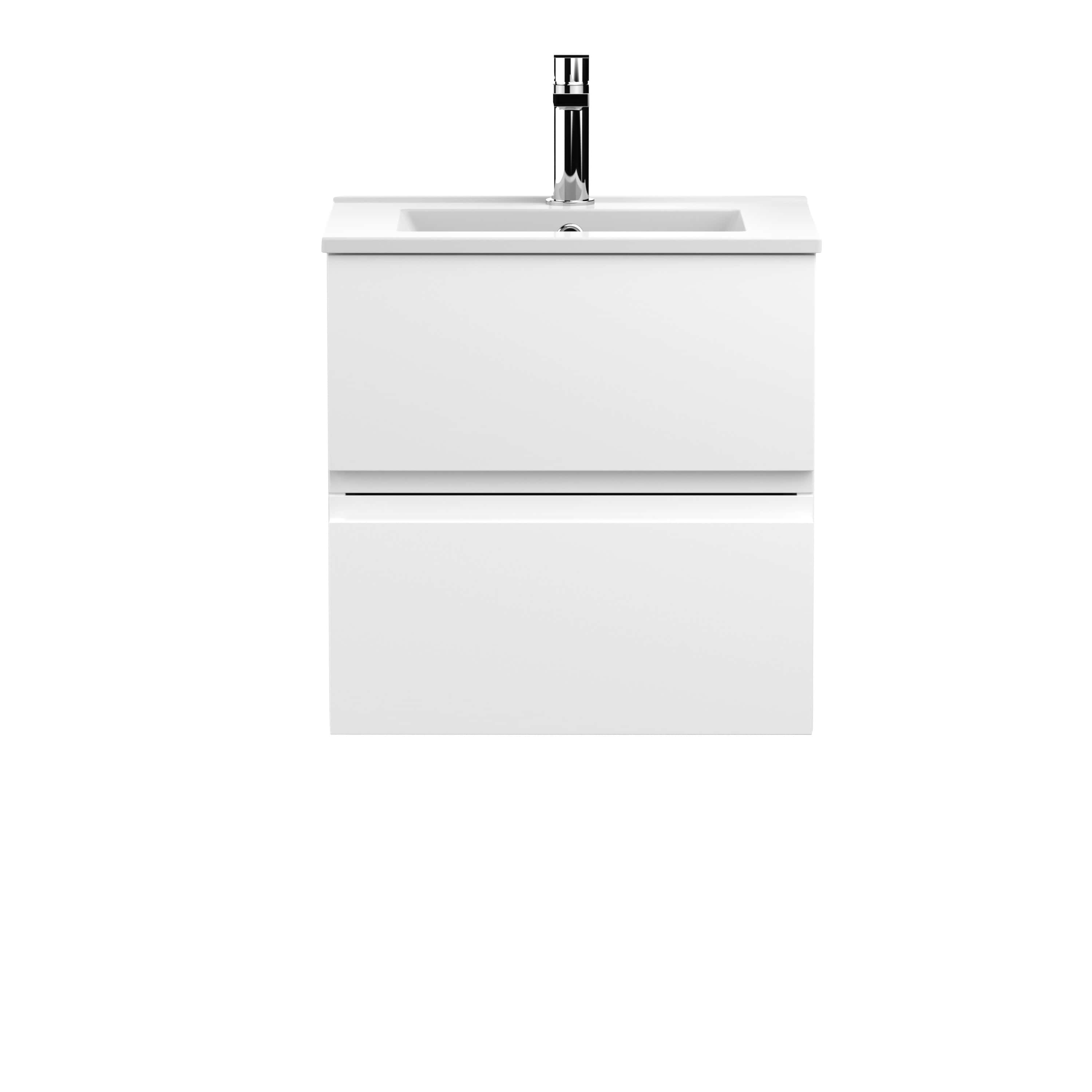 Sleek white bathroom vanity with integrated sink and modern chrome tap, ideal for contemporary bathroom designs. Durable, stylish storage solution for organising bathroom essentials.