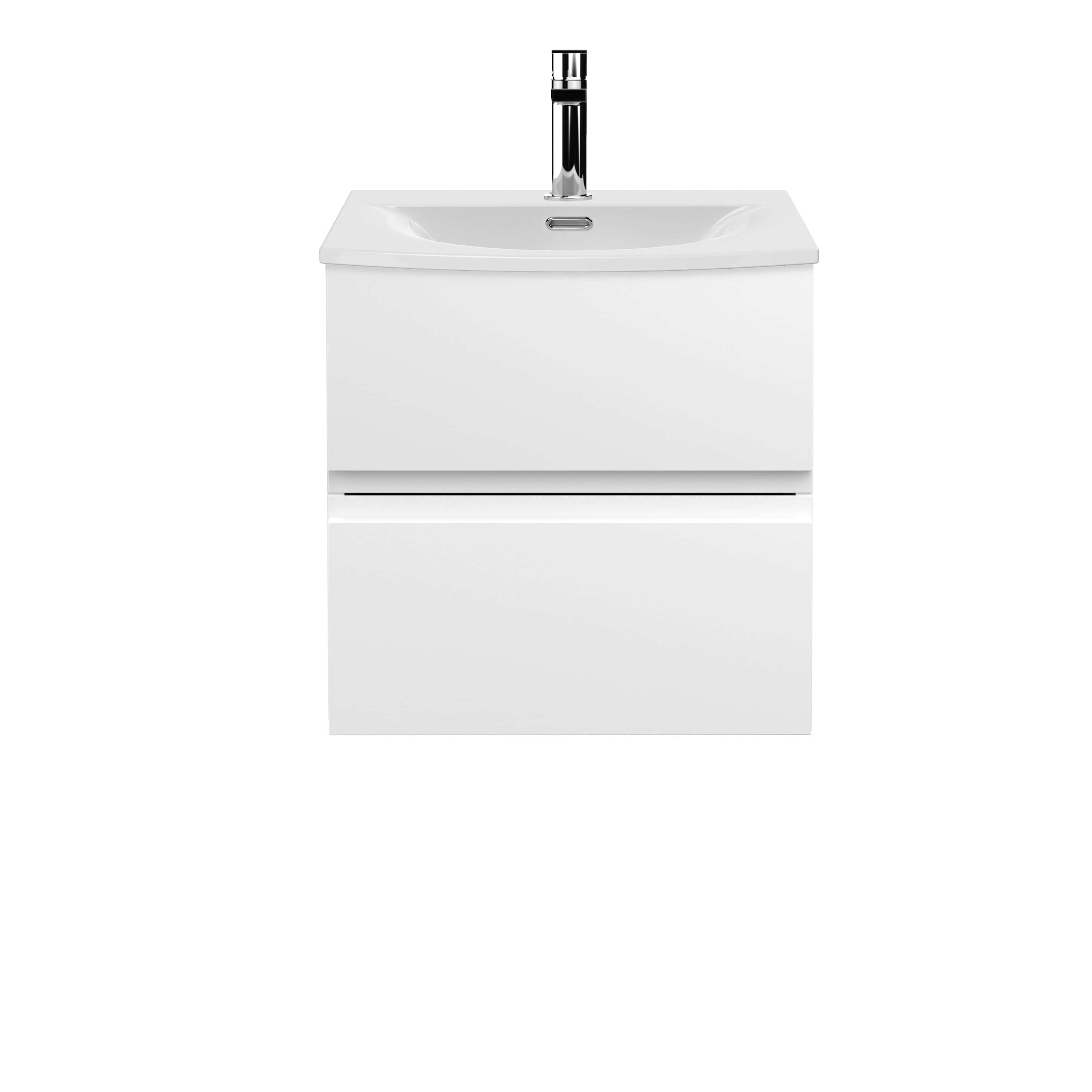 Sleek white bathroom vanity with integrated sink and modern chrome tap, ideal for contemporary bathroom designs. Perfect for storage and creating a clean, minimalist look.