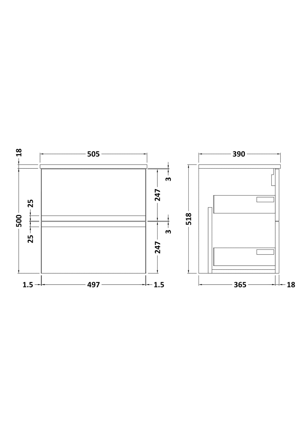Aluminium bathroom vanity cabinet with detailed technical drawing, dimensioned to fit modern bathrooms. Perfect for customised storage solutions.