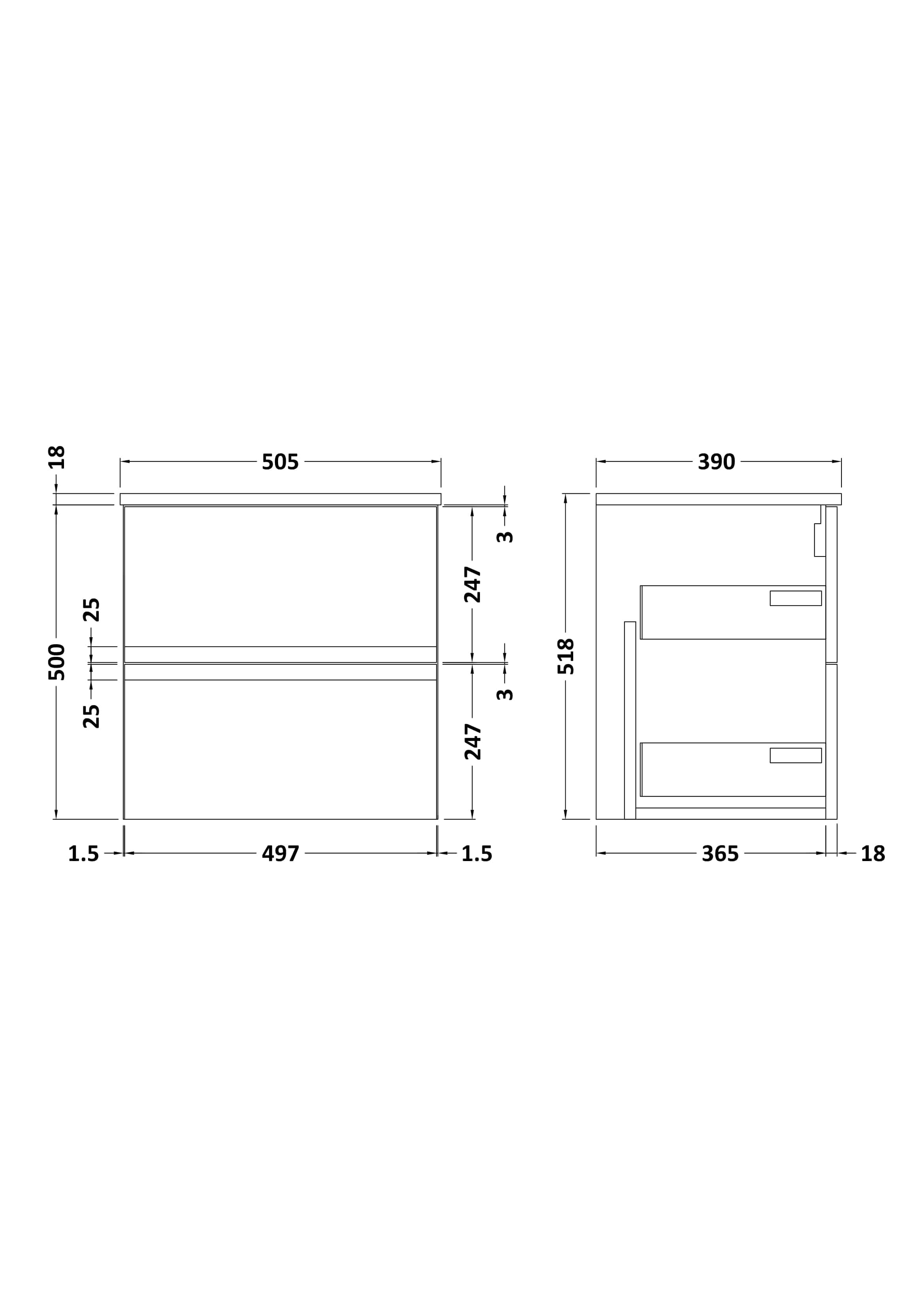 Aluminium bathroom vanity cabinet with detailed technical drawing, dimensioned to fit modern bathrooms. Perfect for customised storage solutions.