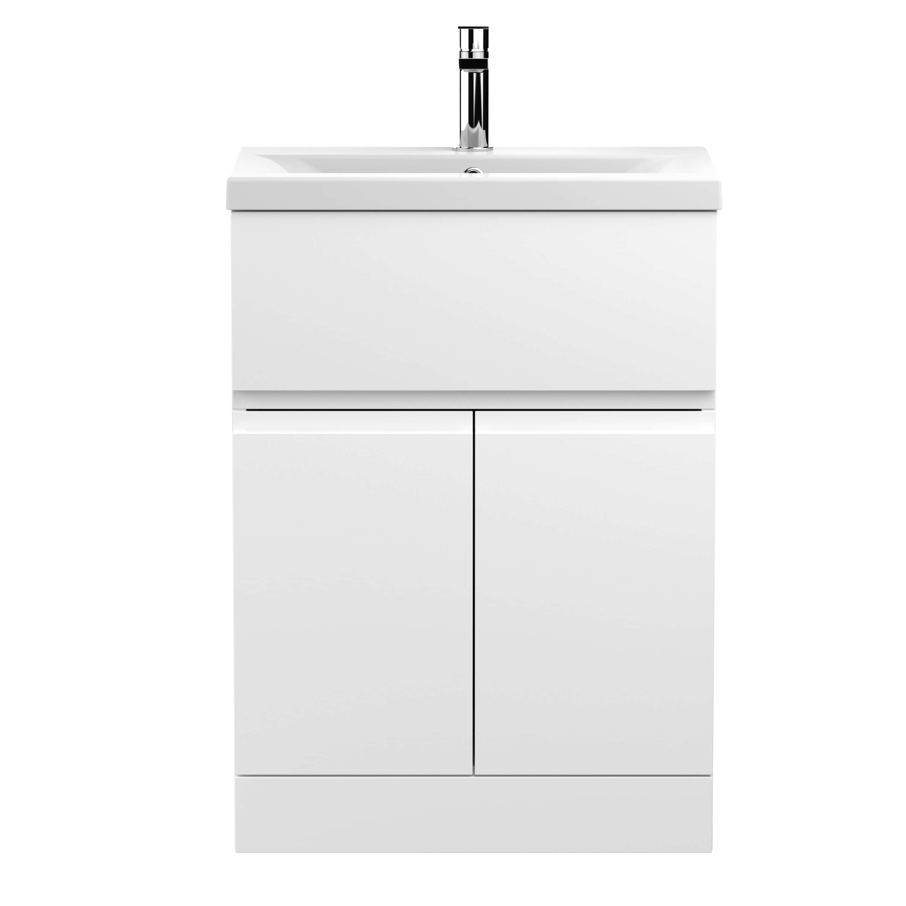 Sleek white bathroom vanity with integrated sink and chrome faucet, ideal for modern bathroom design and storage solutions. Perfect for contemporary bathroom renovations and space optimisation.