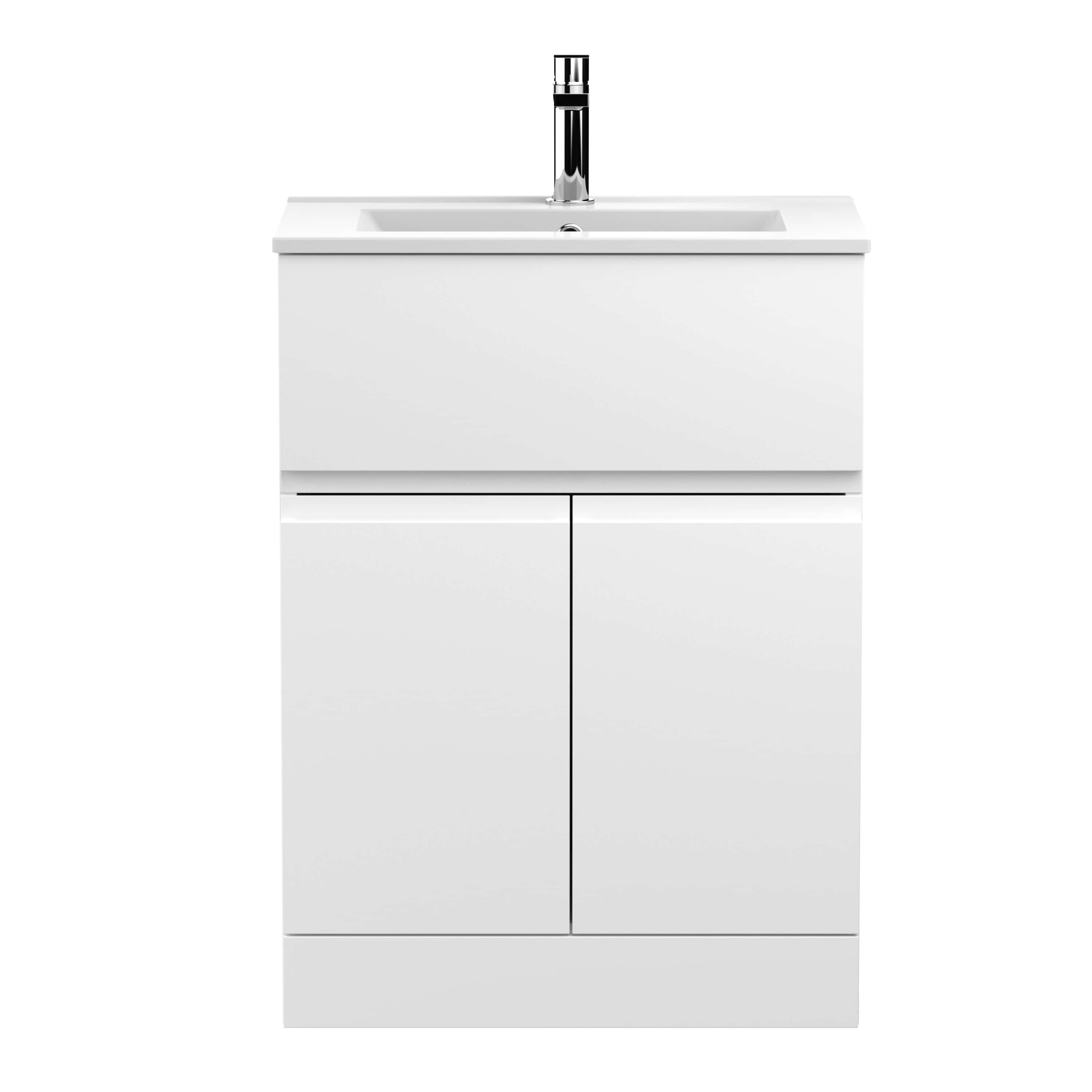 Sleek white bathroom vanity with integrated sink and modern chrome tap, ideal for contemporary bathrooms and washroom upgrades. Durable cabinet with storage space.