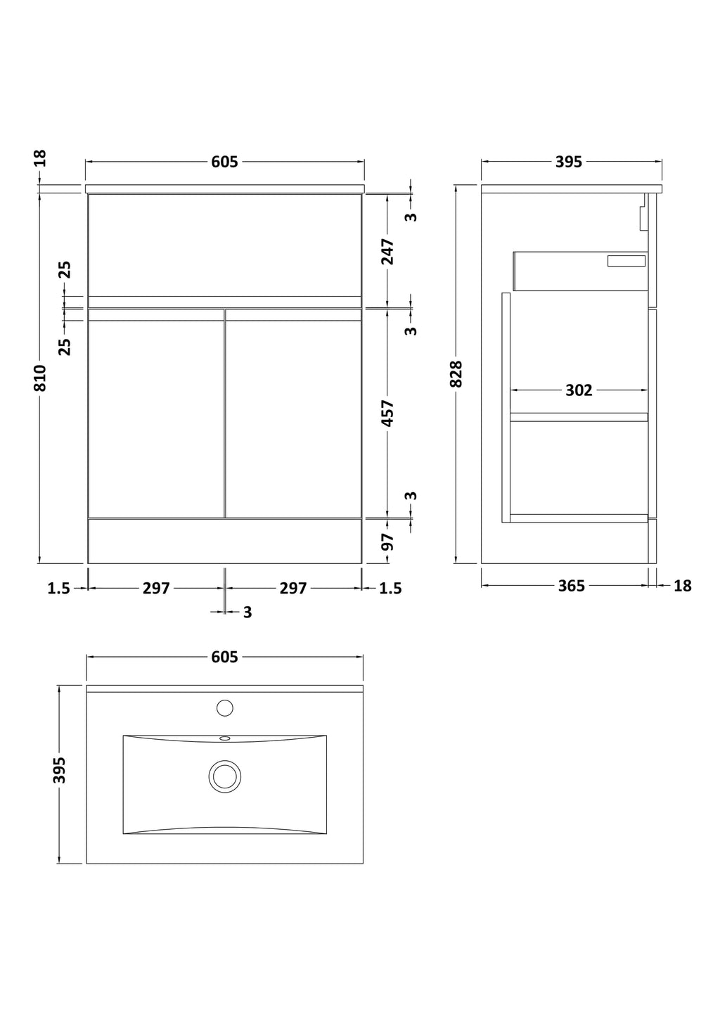 Modern bathroom vanity unit with integrated sink and storage, designed by Bubly Bathrooms. Features detailed technical drawings and measurements for perfect fitting and style.