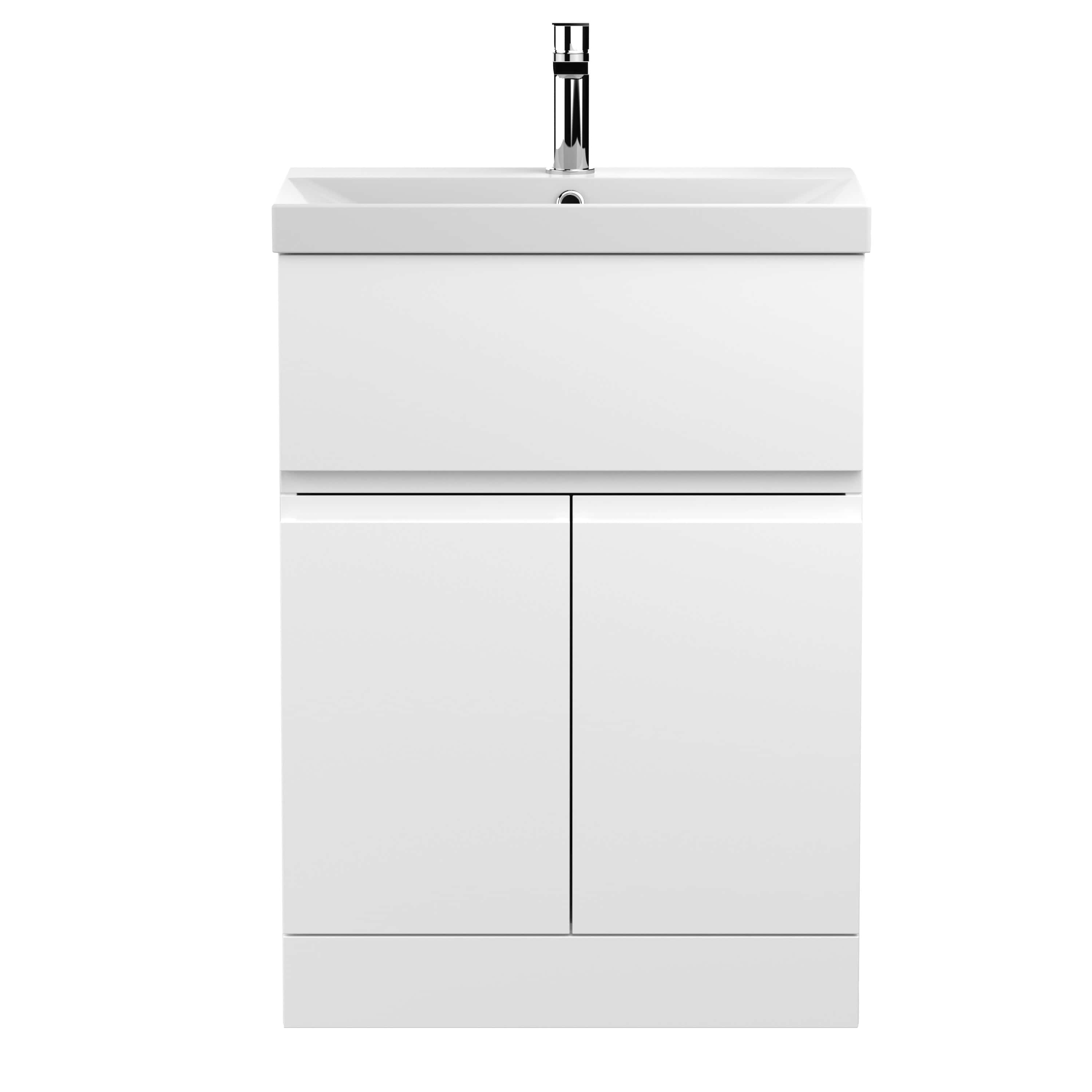 Sleek white bathroom vanity with integrated sink and modern chrome tap, ideal for contemporary bathrooms. Perfect for stylish bathroom storage and fixture upgrades.