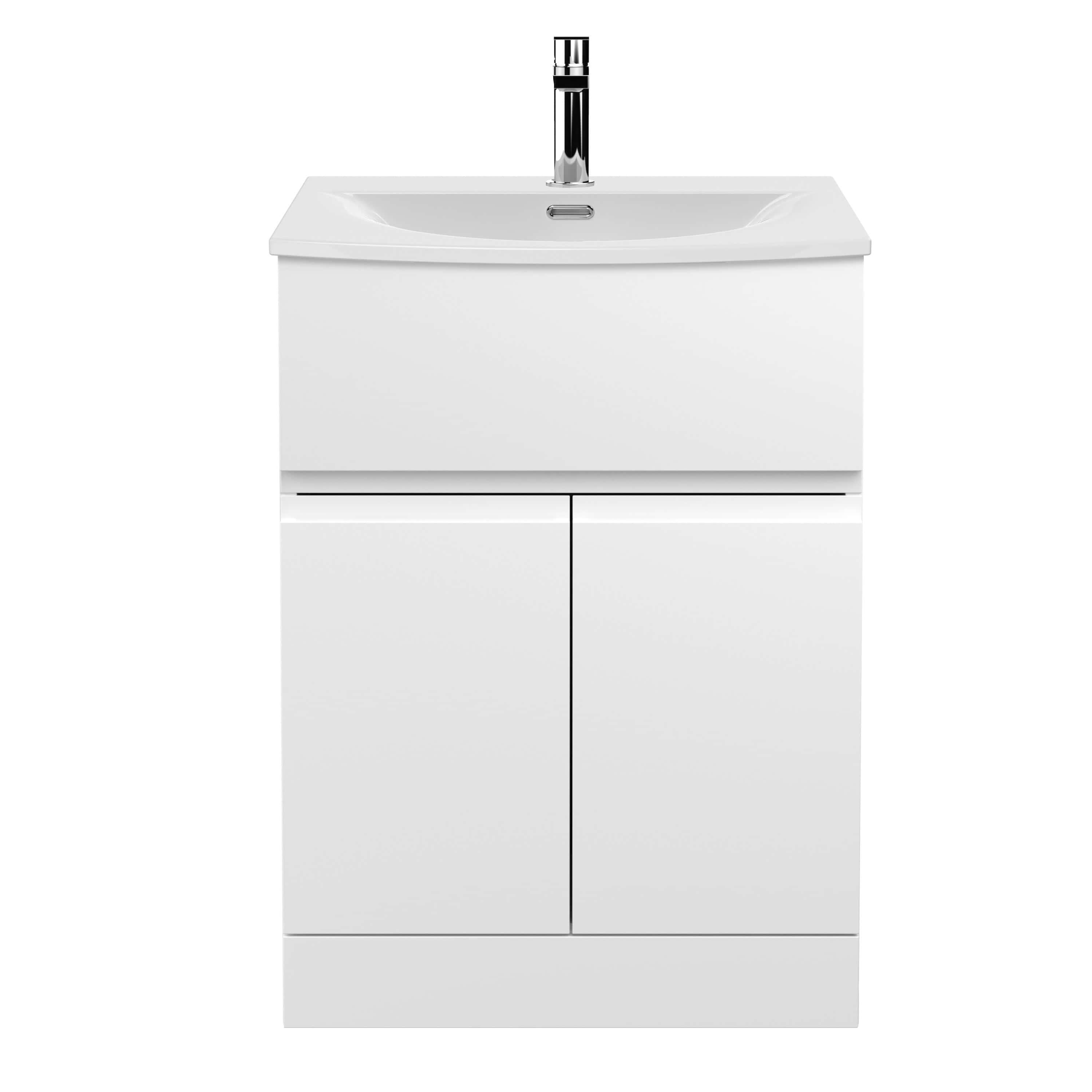 Minimalist white bathroom sink cabinet with integrated basin and modern chrome tap, ideal for contemporary bathrooms, providing stylish storage and sleek design.