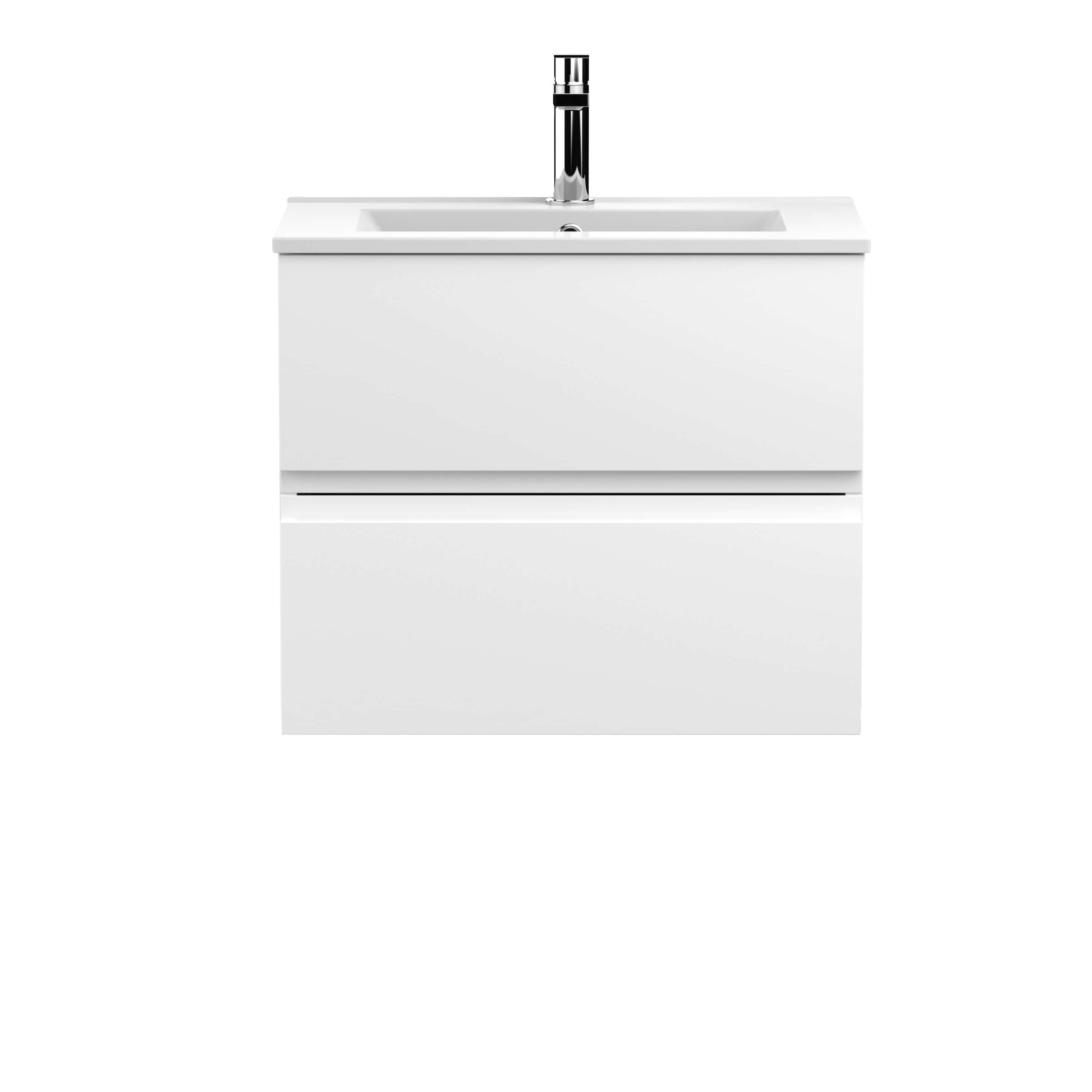 Sleek white bathroom vanity with integrated sink and chrome faucet, ideal for modern bathroom interiors and space-saving designs. Perfect for contemporary bathroom decor and storage solutions.