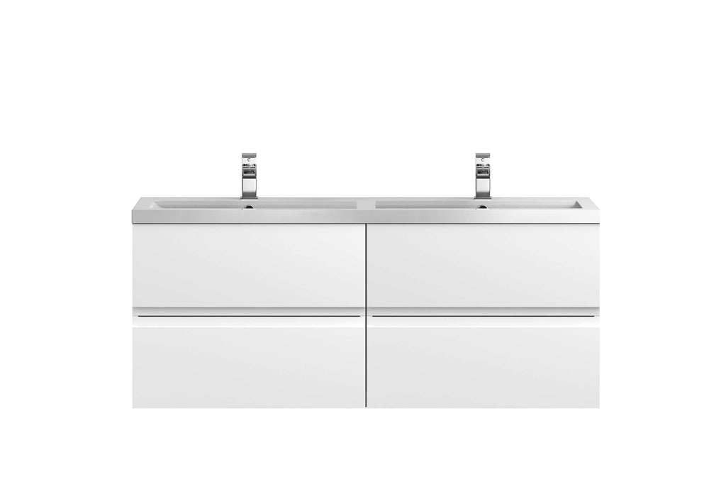 Modern white double bathroom vanity with integrated sinks and chrome faucets, ideal for contemporary bathroom design and storage solutions.