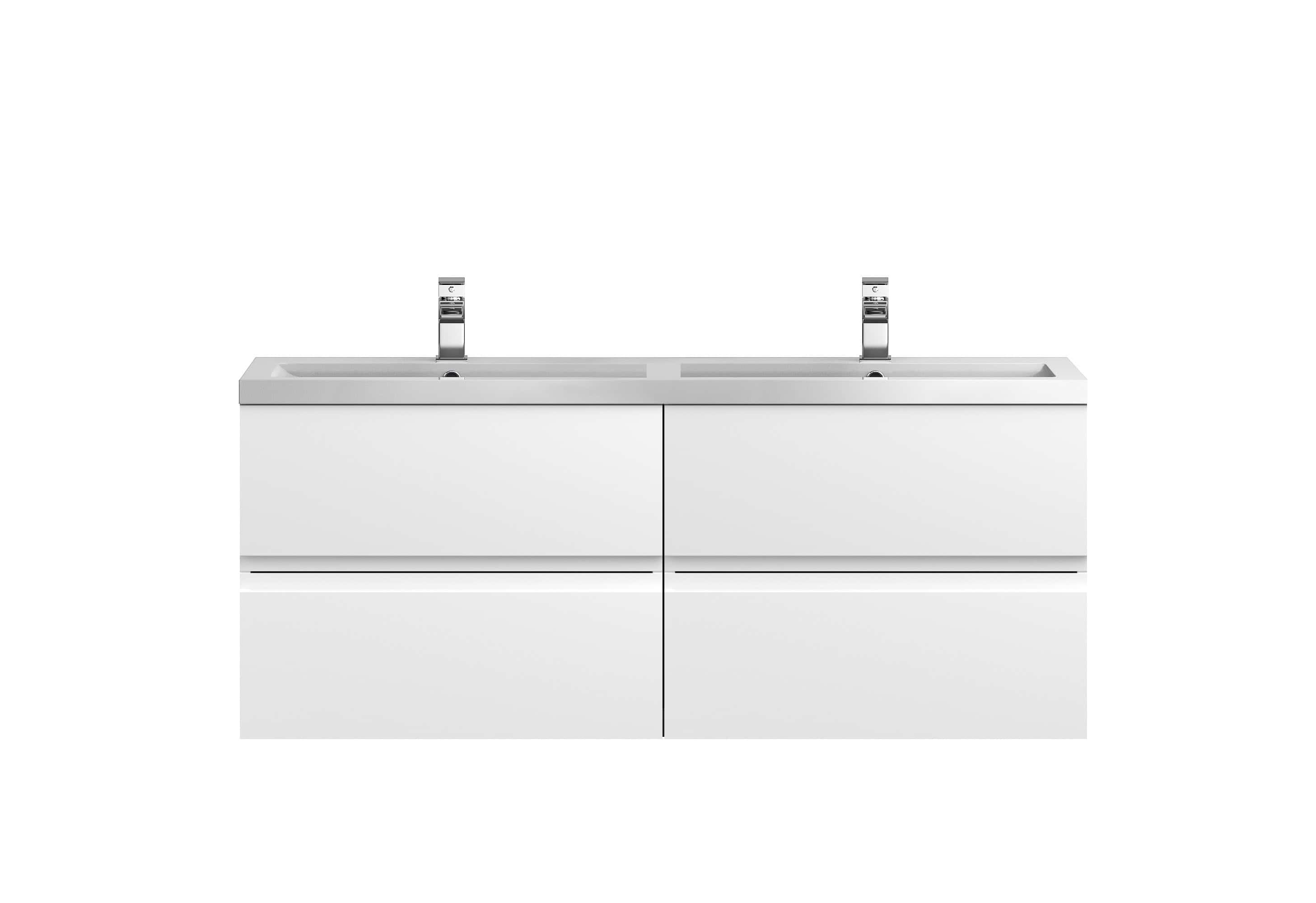 Modern white double bathroom vanity with integrated sinks and chrome faucets, ideal for contemporary bathroom design and storage solutions.
