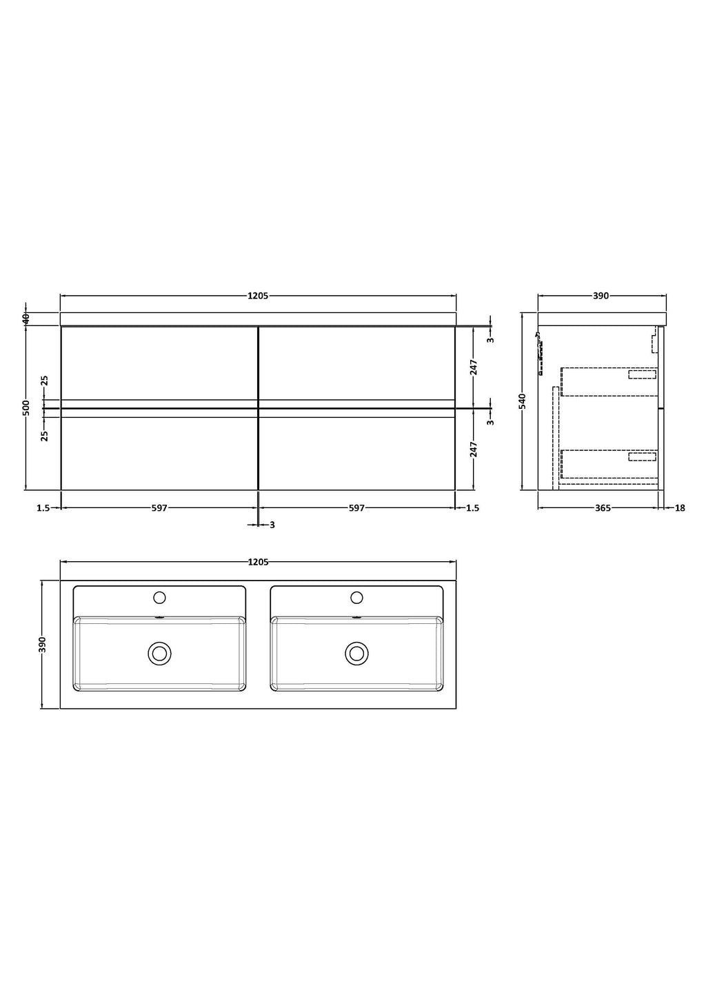 Double-basin white bathroom vanity with integrated sinks, featuring detailed technical drawing and measurements for bathroom renovation and interior design.