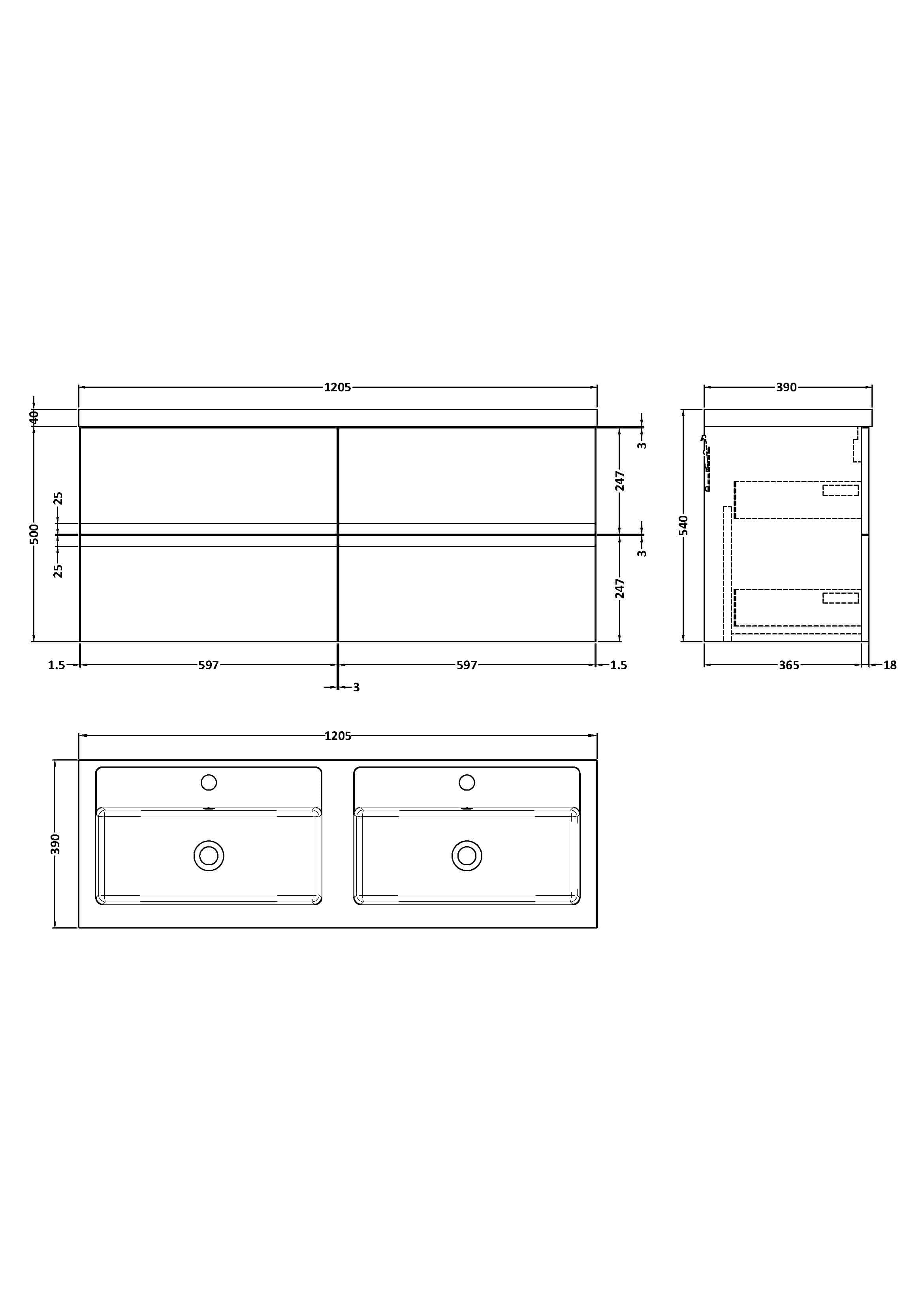 Double-basin white bathroom vanity with integrated sinks, featuring detailed technical drawing and measurements for bathroom renovation and interior design.
